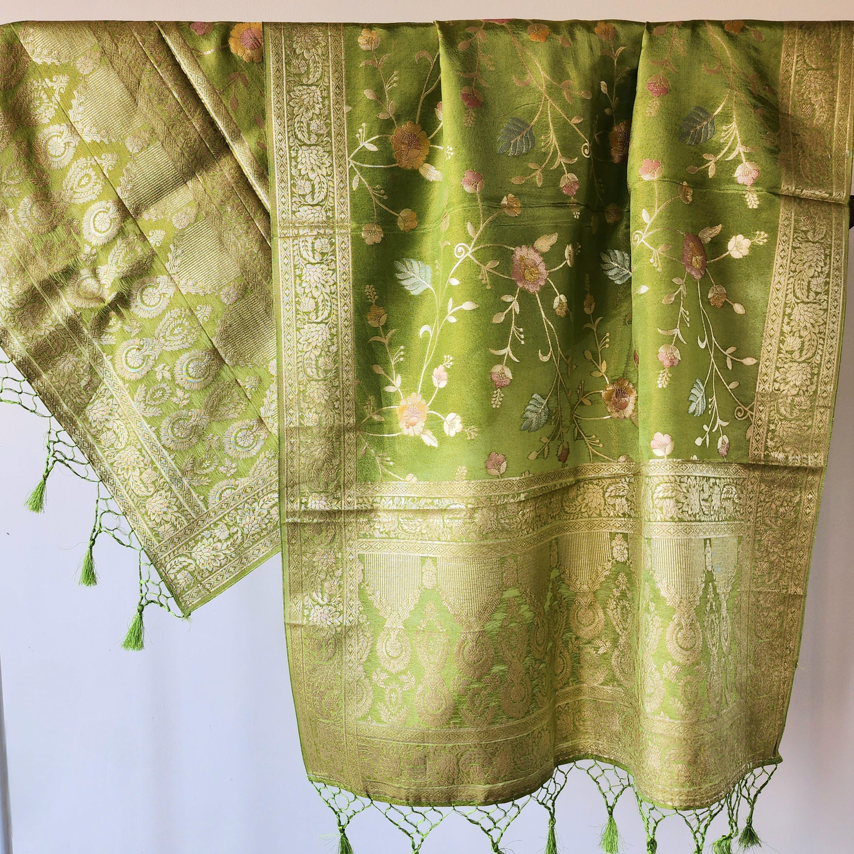 Banarasi Brocade Silk Lime Green dupatta, Handpainted Multicolor meenakari work Indian traditional & Festive wear Dupatta