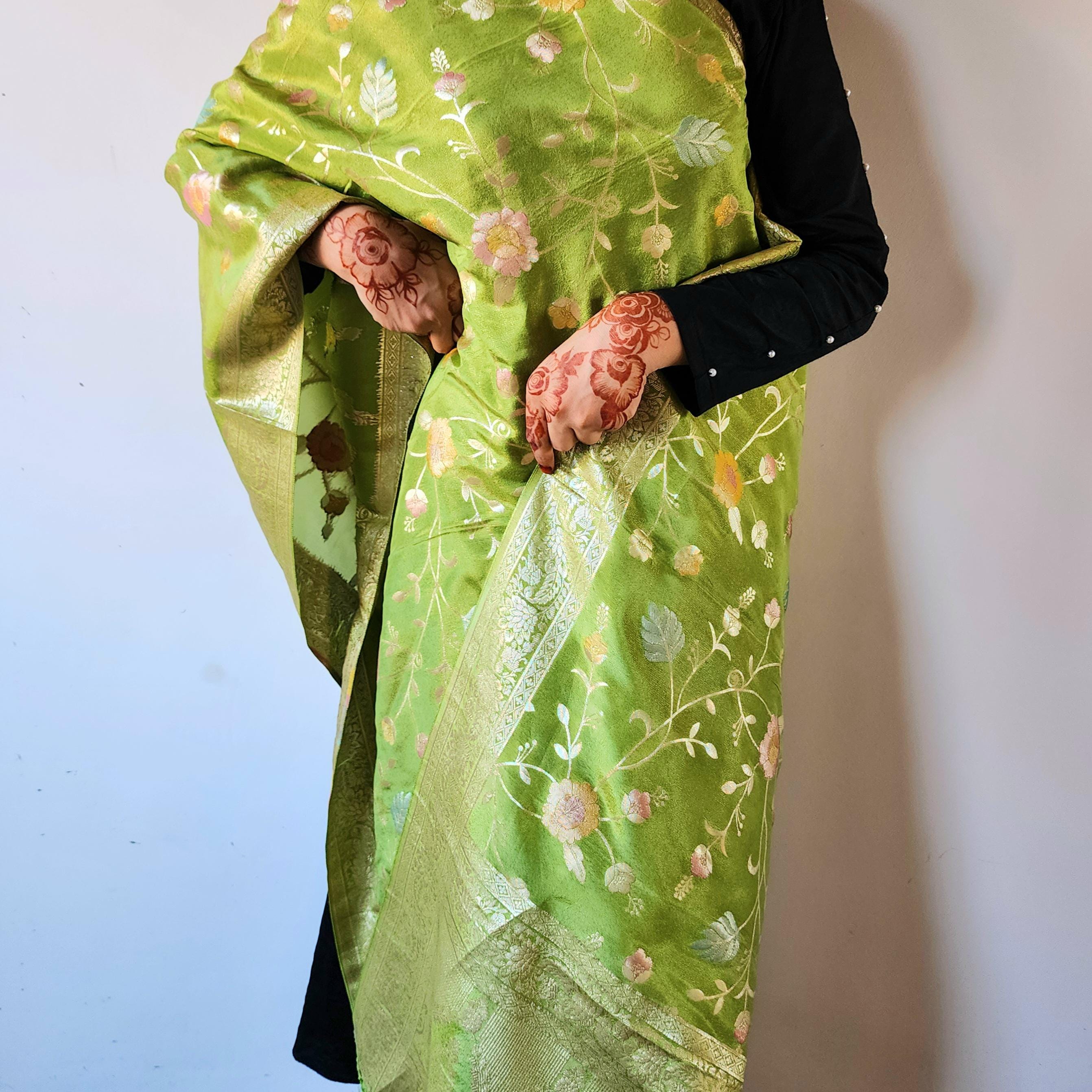 Banarasi Brocade Silk Lime Green dupatta, Handpainted Multicolor meenakari work Indian traditional & Festive wear Dupatta