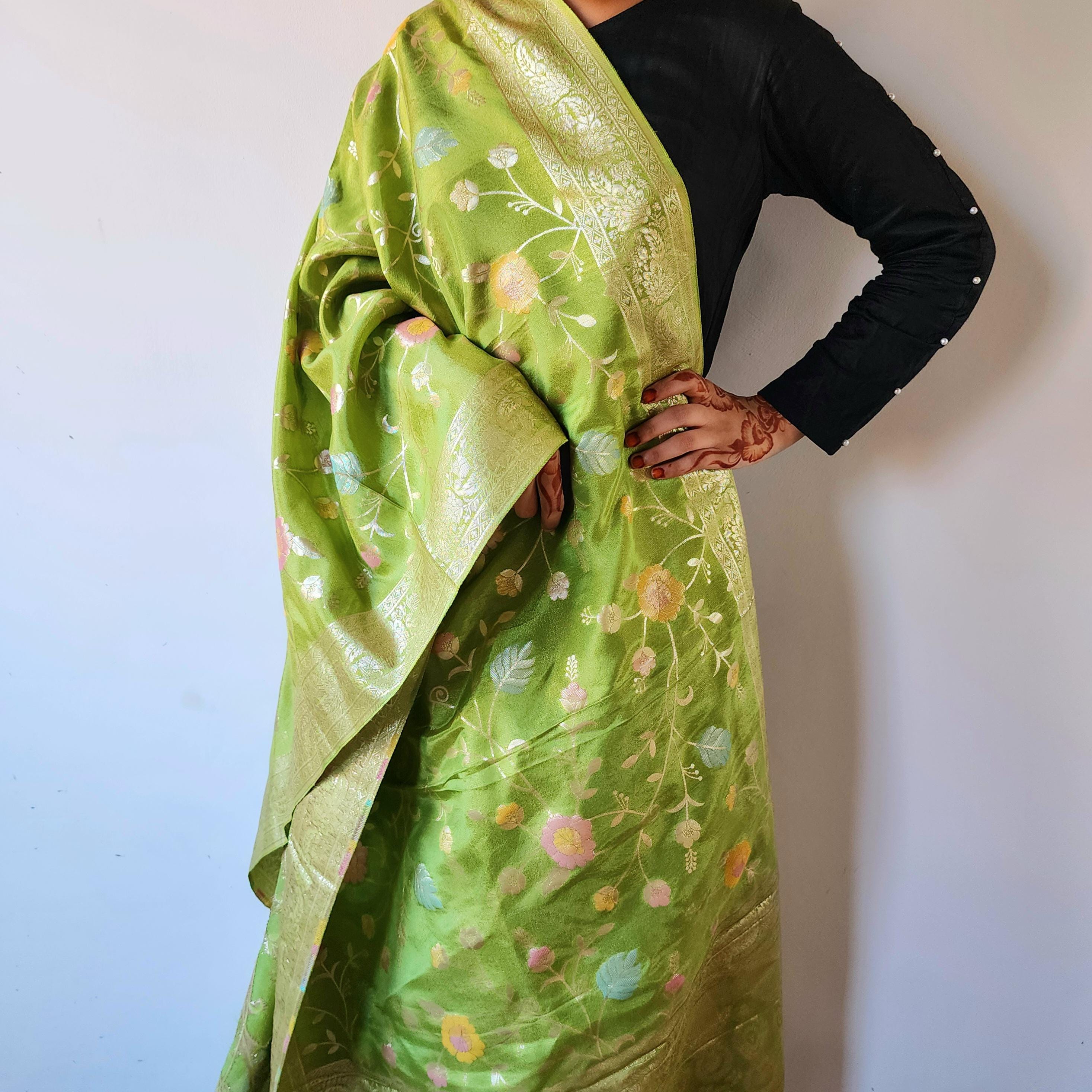 Banarasi Brocade Silk Lime Green dupatta, Handpainted Multicolor meenakari work Indian traditional & Festive wear Dupatta