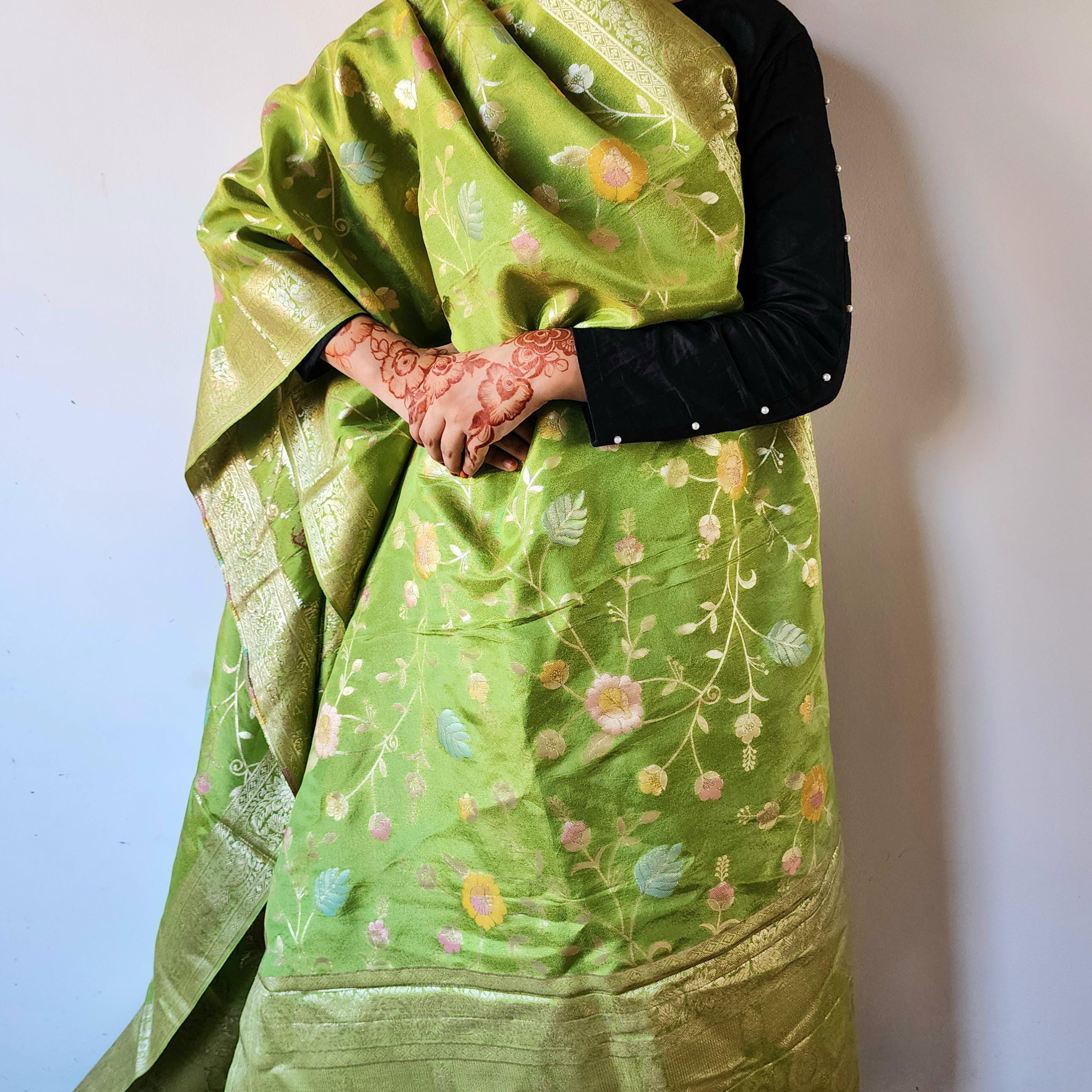 Banarasi Brocade Silk Lime Green dupatta, Handpainted Multicolor meenakari work Indian traditional & Festive wear Dupatta