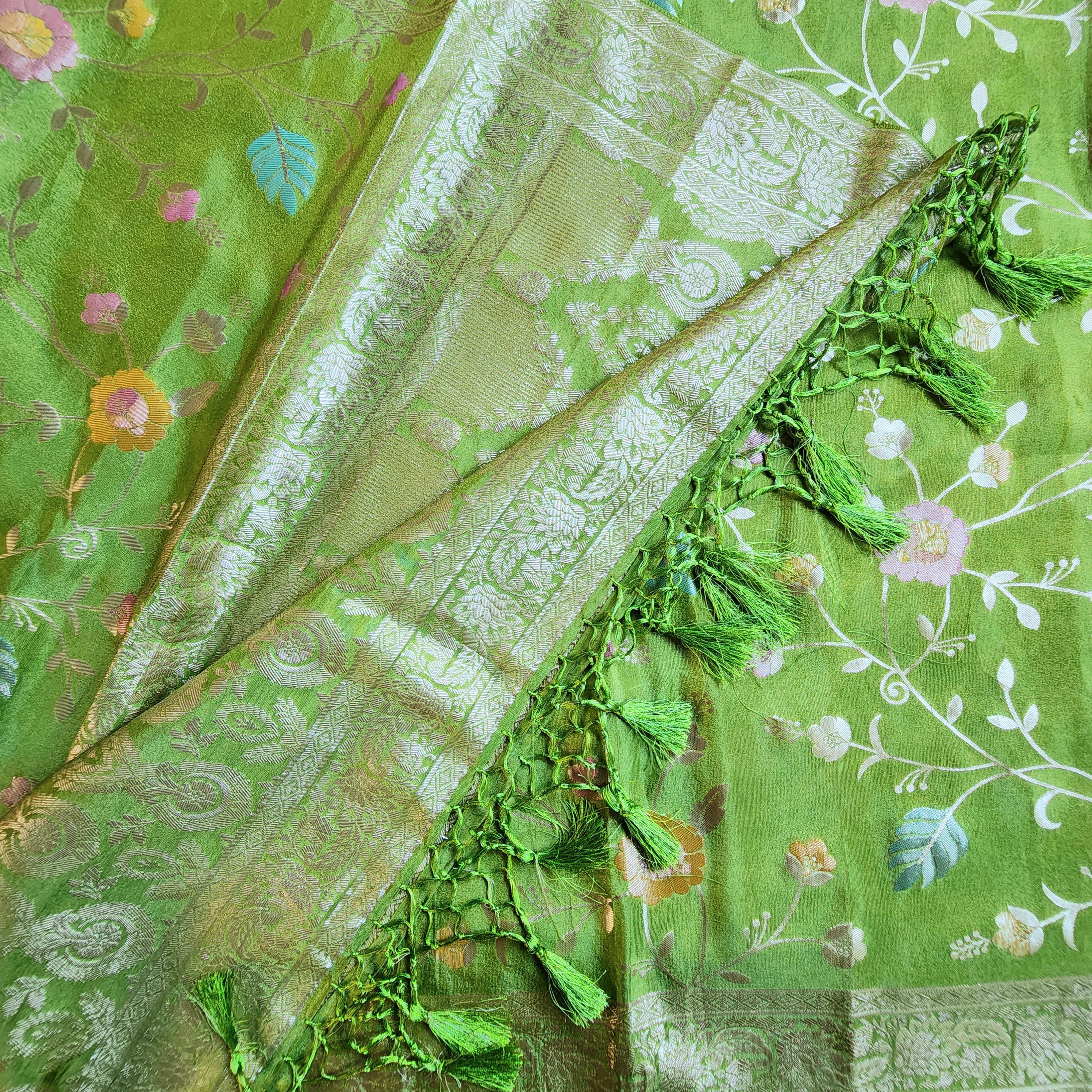 Banarasi Brocade Silk Lime Green dupatta, Handpainted Multicolor meenakari work Indian traditional & Festive wear Dupatta