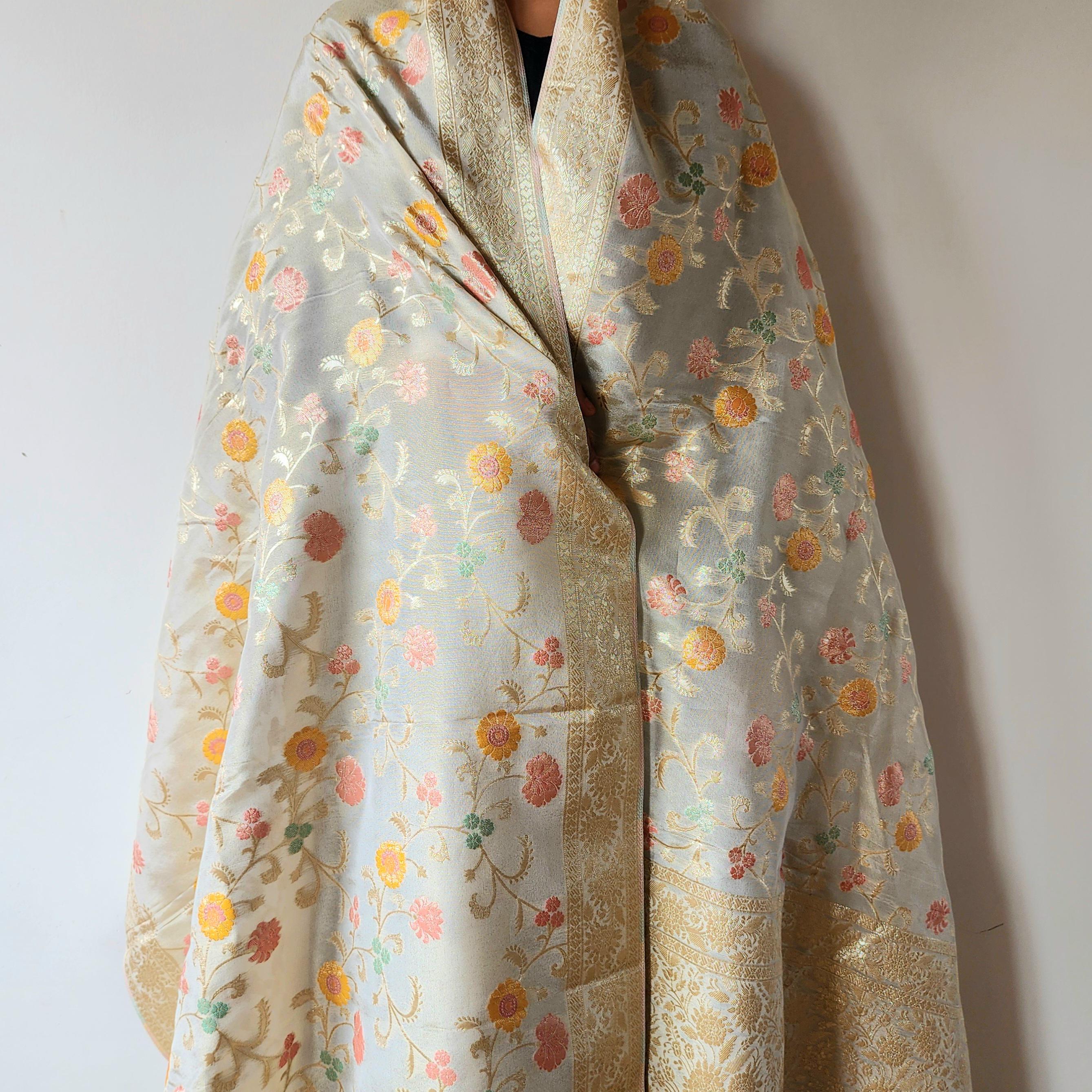 Banarasi Brocade Silk Beige dupatta, Handpainted Multicolor meenakari work Indian traditional & Festive wear Dupatta