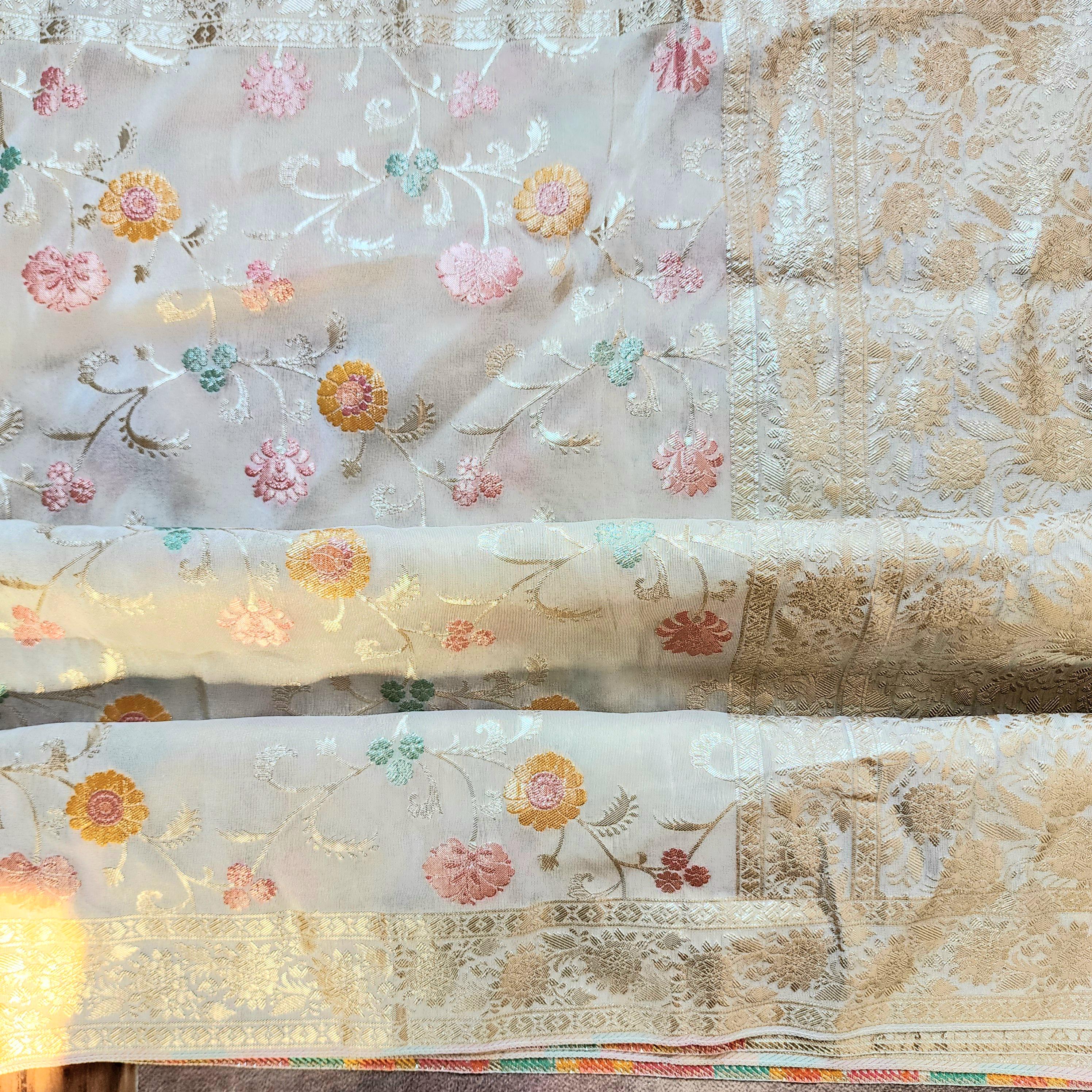 Banarasi Brocade Silk Beige dupatta, Handpainted Multicolor meenakari work Indian traditional & Festive wear Dupatta