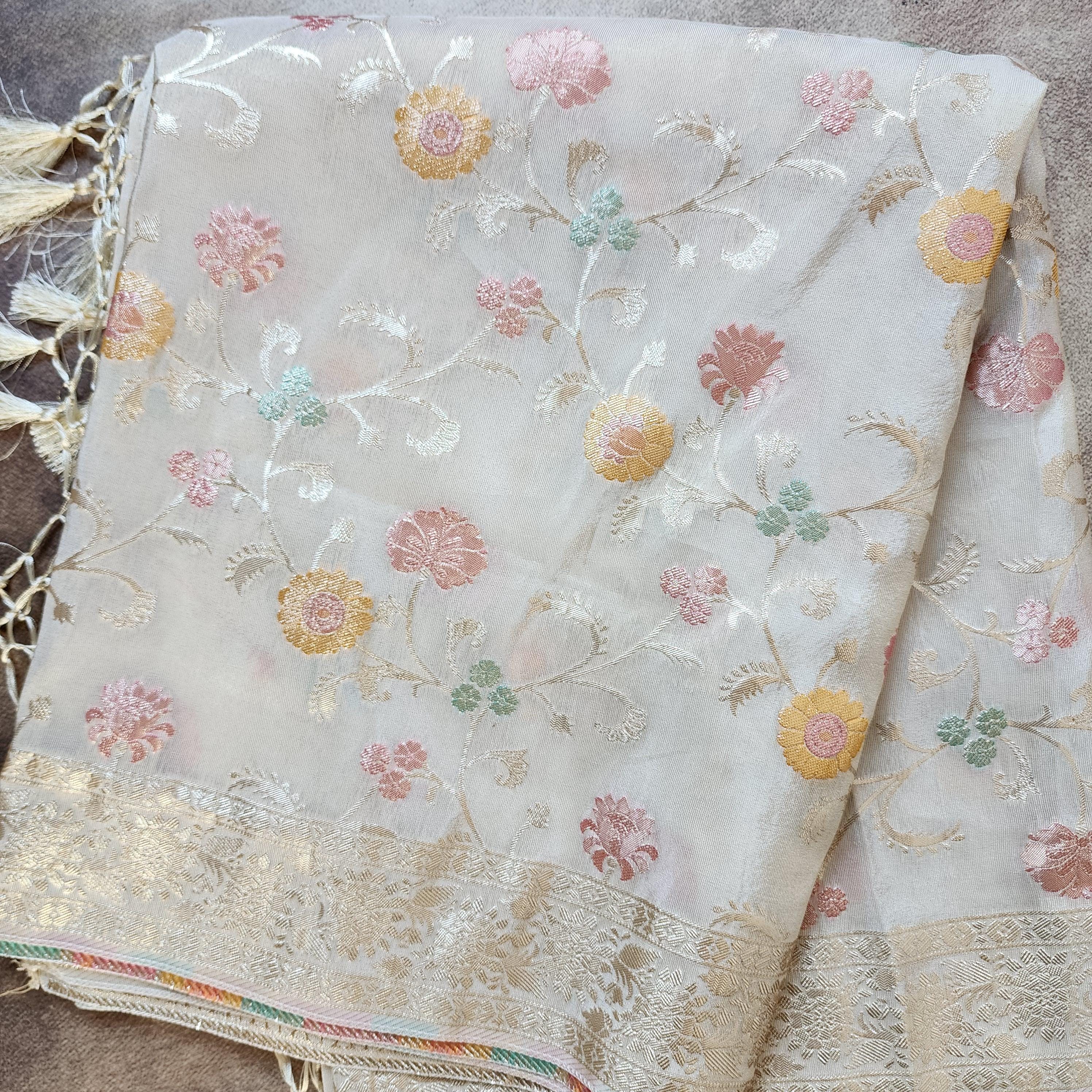 Banarasi Brocade Silk Beige dupatta, Handpainted Multicolor meenakari work Indian traditional & Festive wear Dupatta