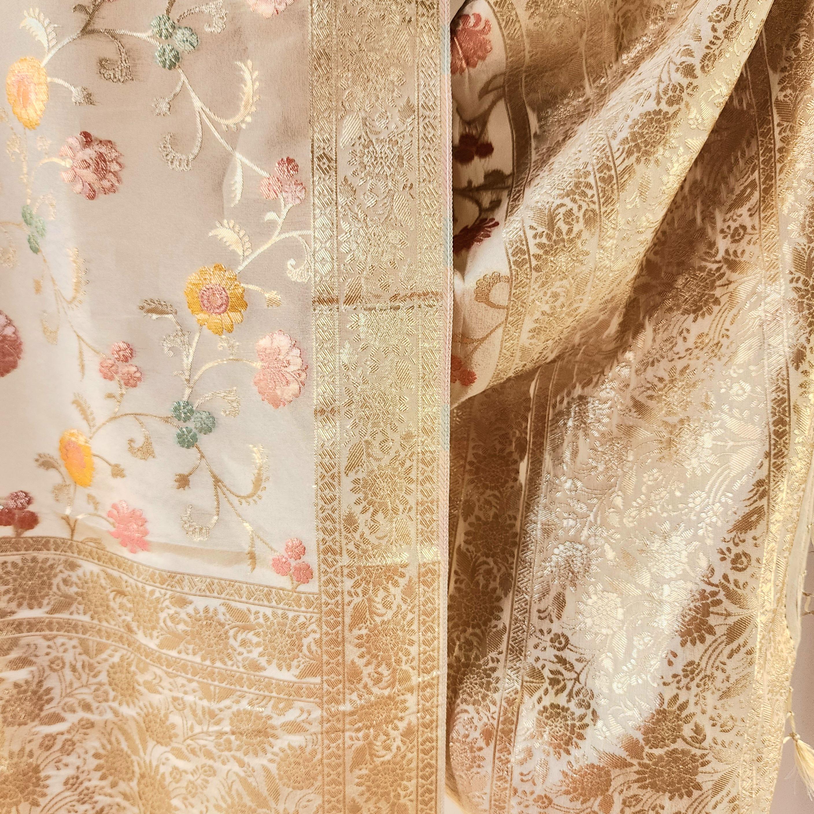 Banarasi Brocade Silk Beige dupatta, Handpainted Multicolor meenakari work Indian traditional & Festive wear Dupatta