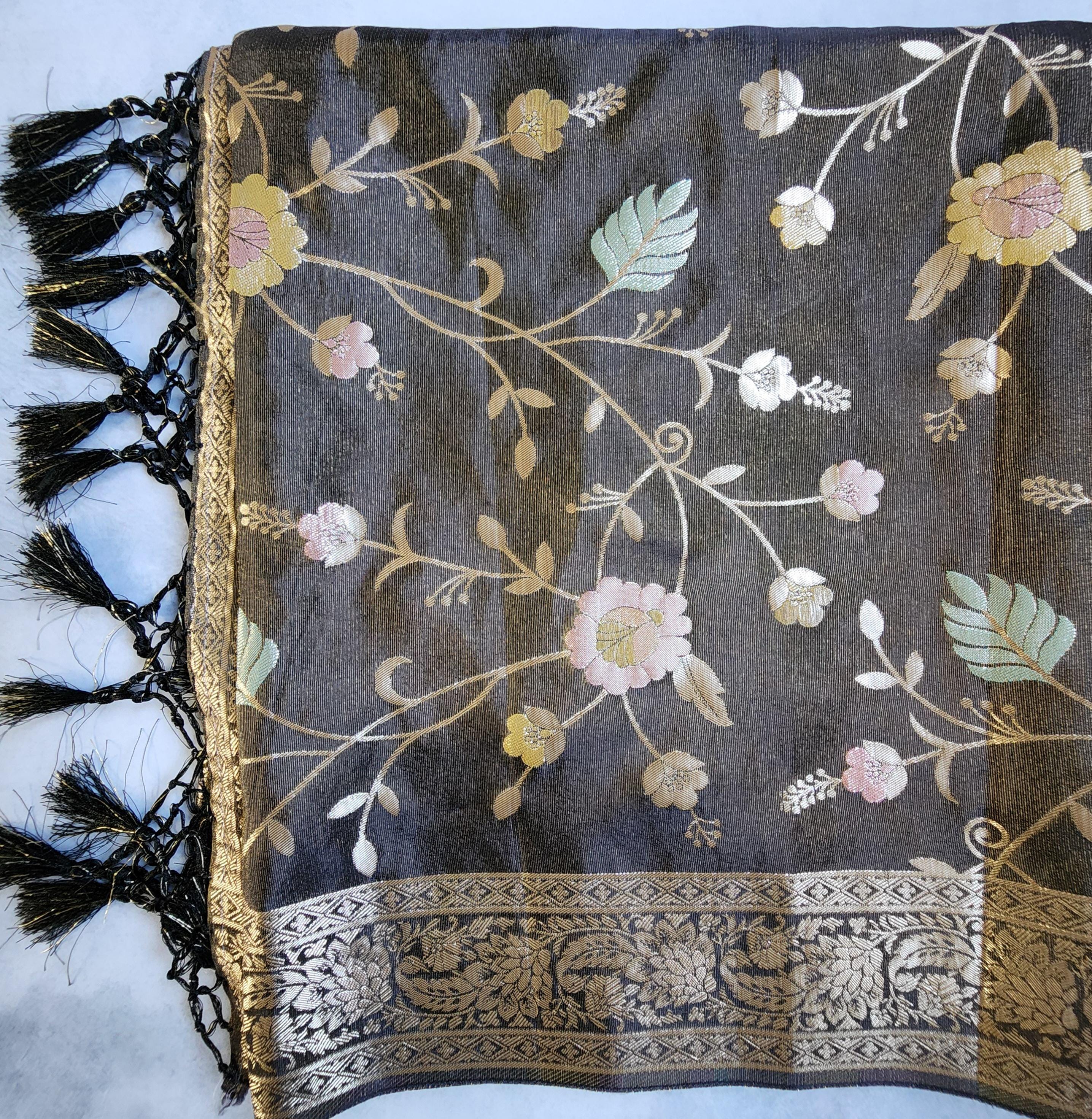 Banarasi Linen Silk Black dupatta, Handpainted Multicolor meenakari work Indian traditional & Festive wear Dupatta