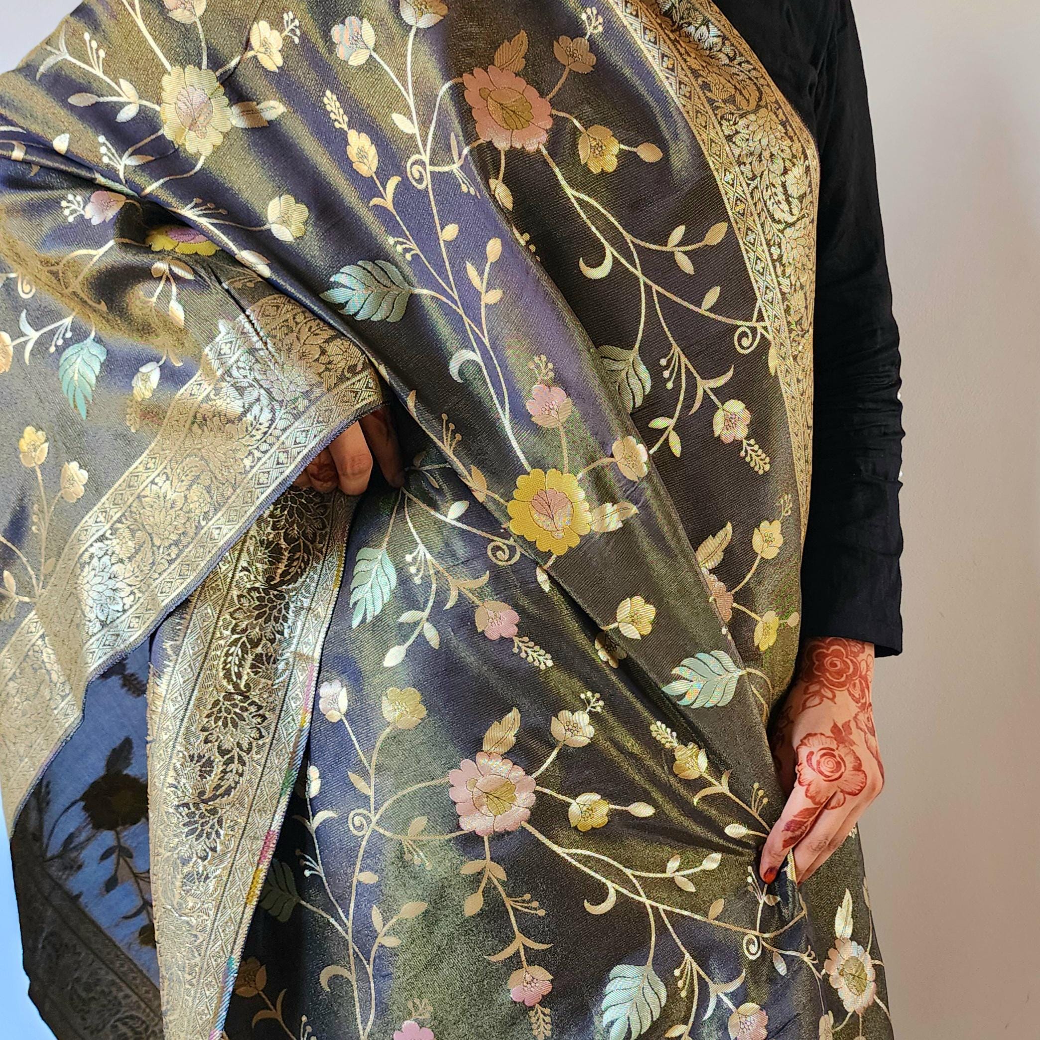 Banarasi Brocade Silk Metal Gray dupatta, Handpainted Multicolor meenakari work Indian traditional & Festive wear Dupatta