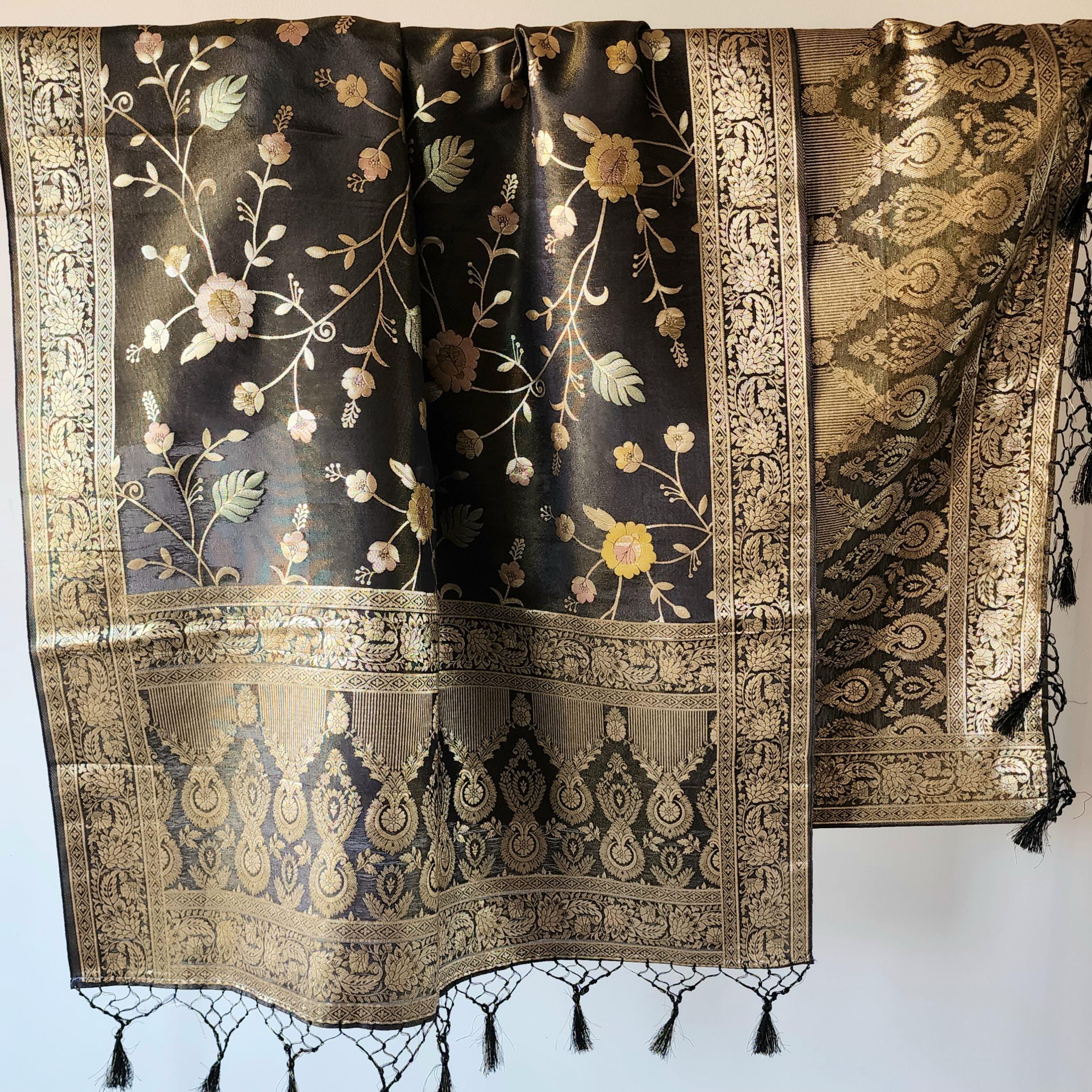 Banarasi Linen Silk Black dupatta, Handpainted Multicolor meenakari work Indian traditional & Festive wear Dupatta