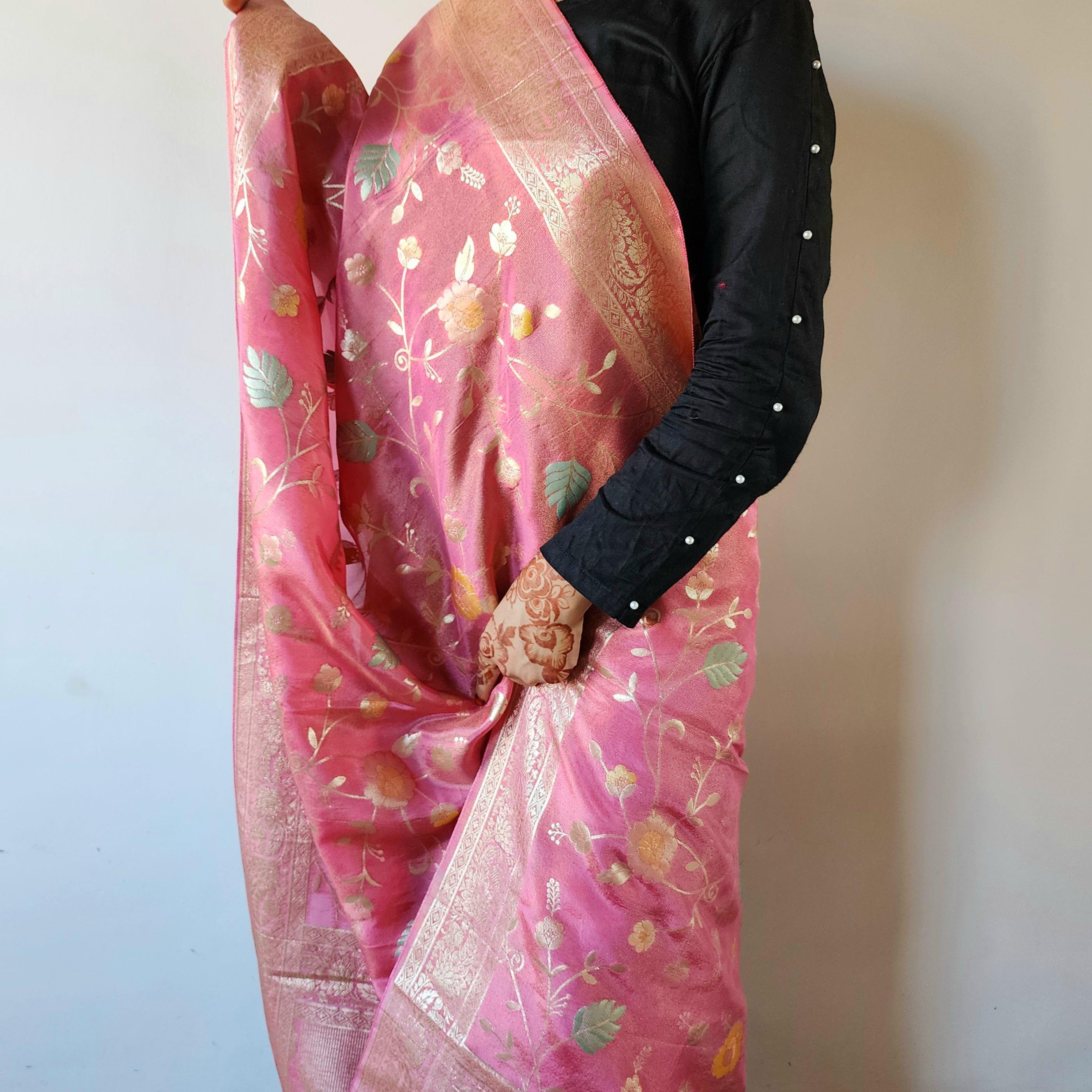 Banarasi Linen Silk Pink dupatta, Handpainted Multicolor meenakari work Indian traditional & Festive wear Dupatta
