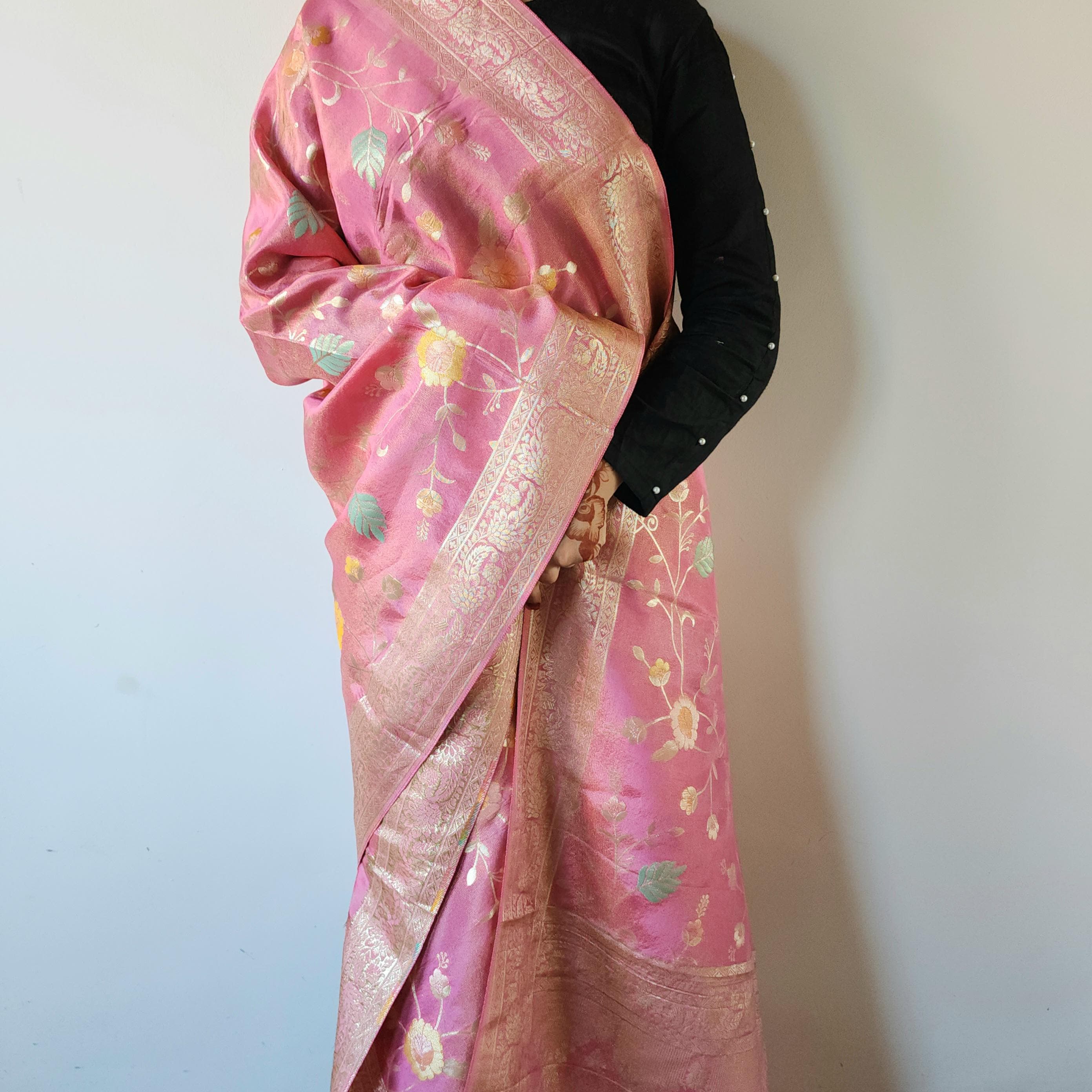 Banarasi Linen Silk Pink dupatta, Handpainted Multicolor meenakari work Indian traditional & Festive wear Dupatta