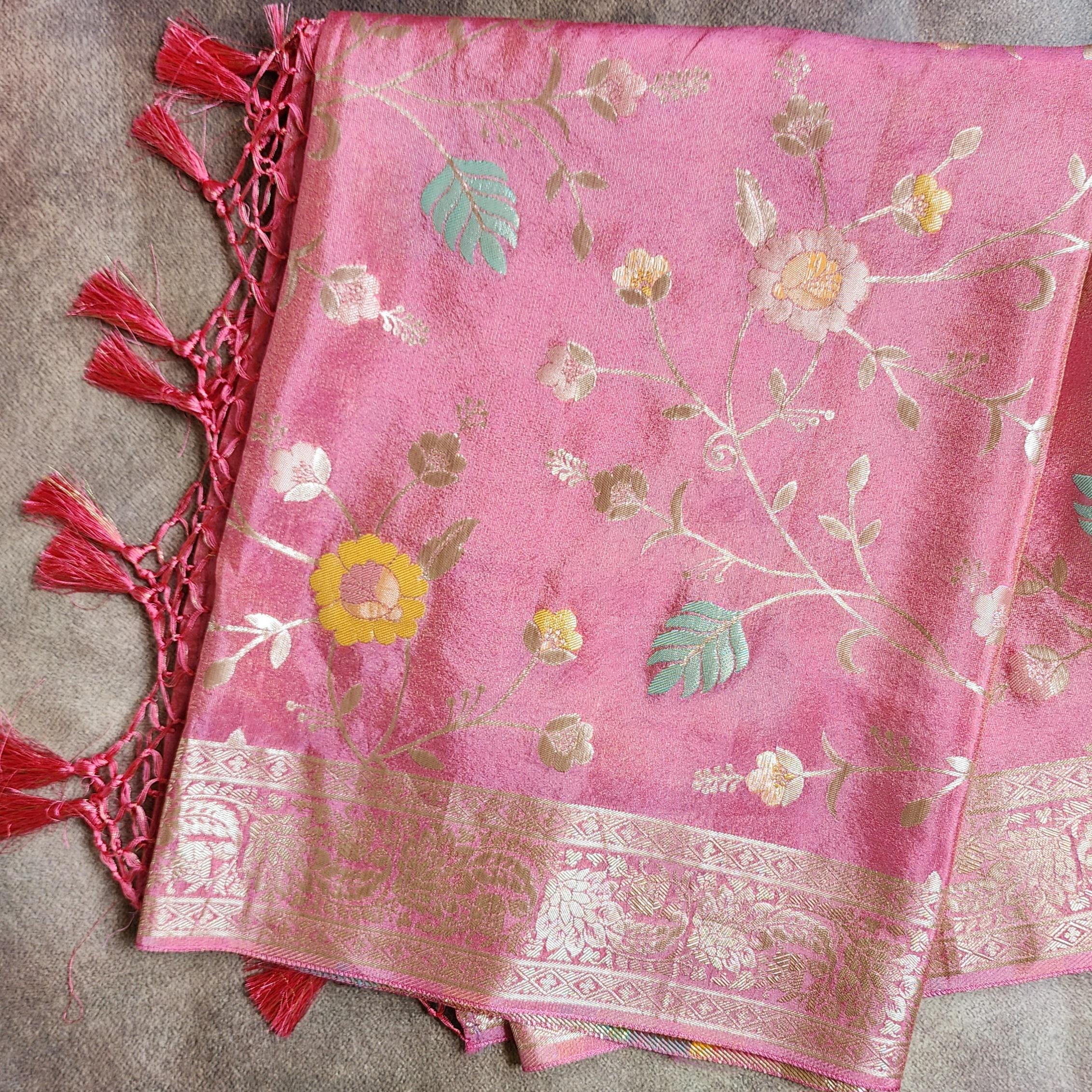 Banarasi Brocade Silk Pink dupatta, Handpainted Multicolor meenakari work Indian traditional & Festive wear Dupatta
