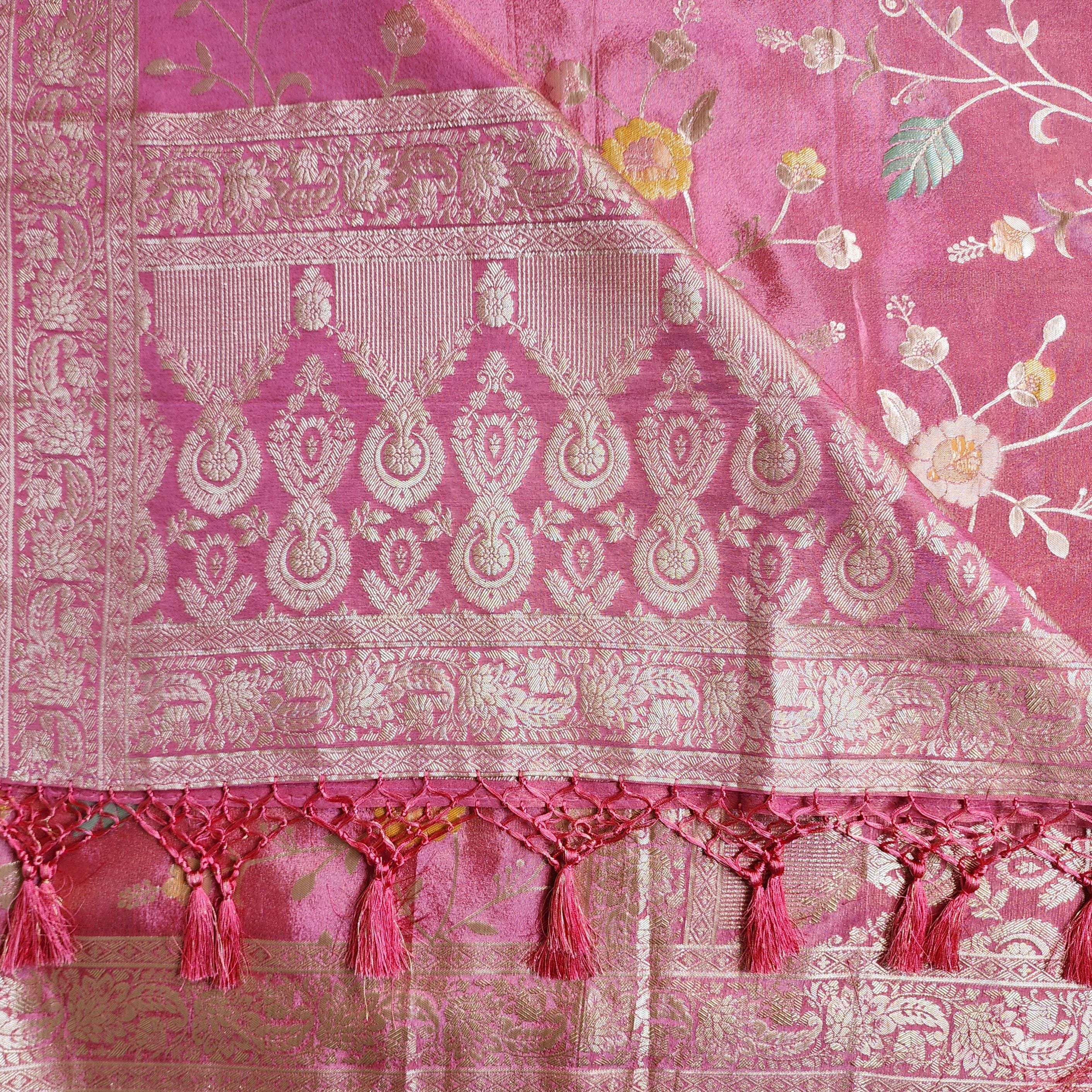 Banarasi Linen Silk Pink dupatta, Handpainted Multicolor meenakari work Indian traditional & Festive wear Dupatta