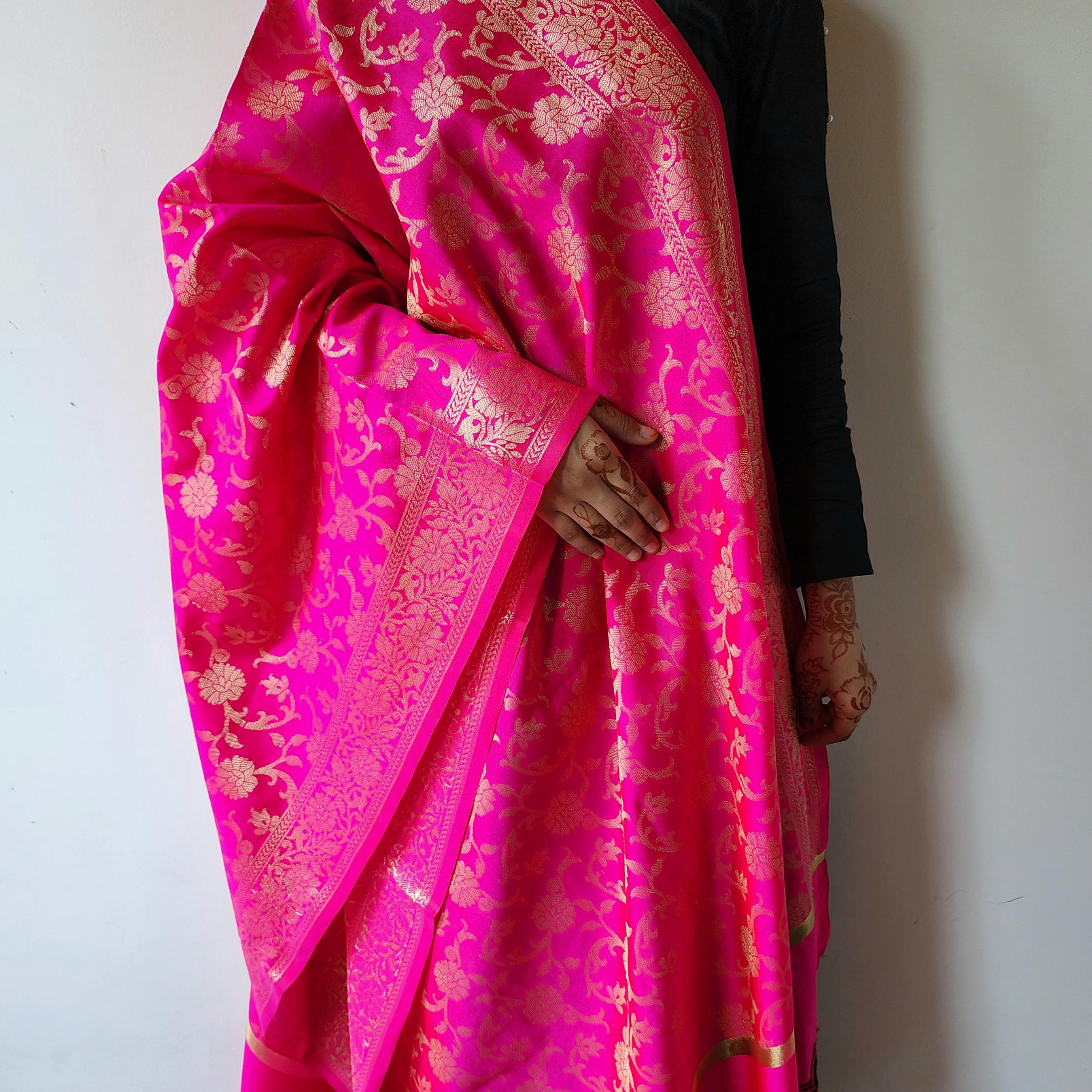 Banarasi Rani Pink Dupatta with gold handweaving, Indian traditional and Festive designer dupatta, luxurious, soft to touch dupatta