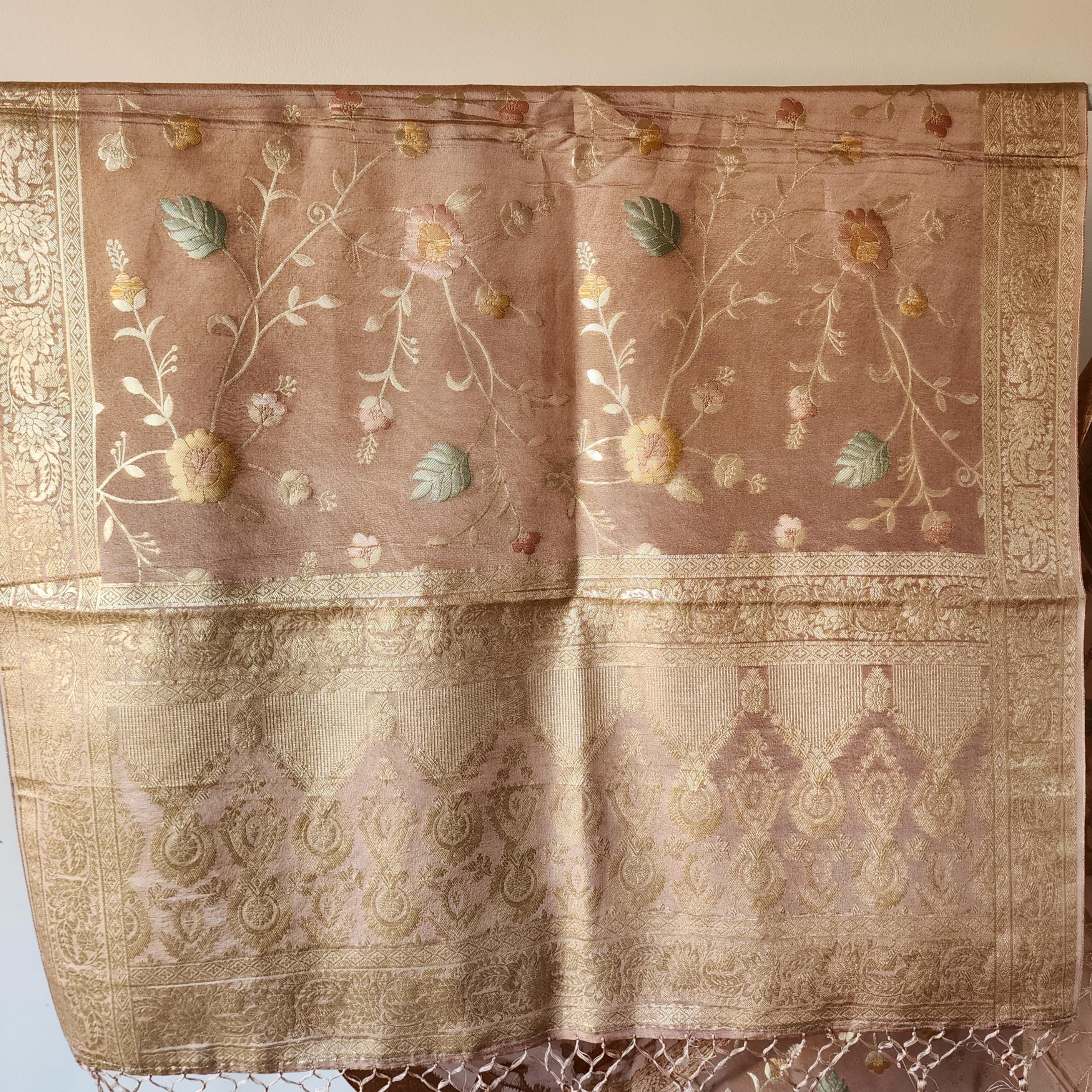 Banarasi Brocade Silk Pink dupatta, Handpainted Multicolor meenakari work Indian traditional & Festive wear Dupatta