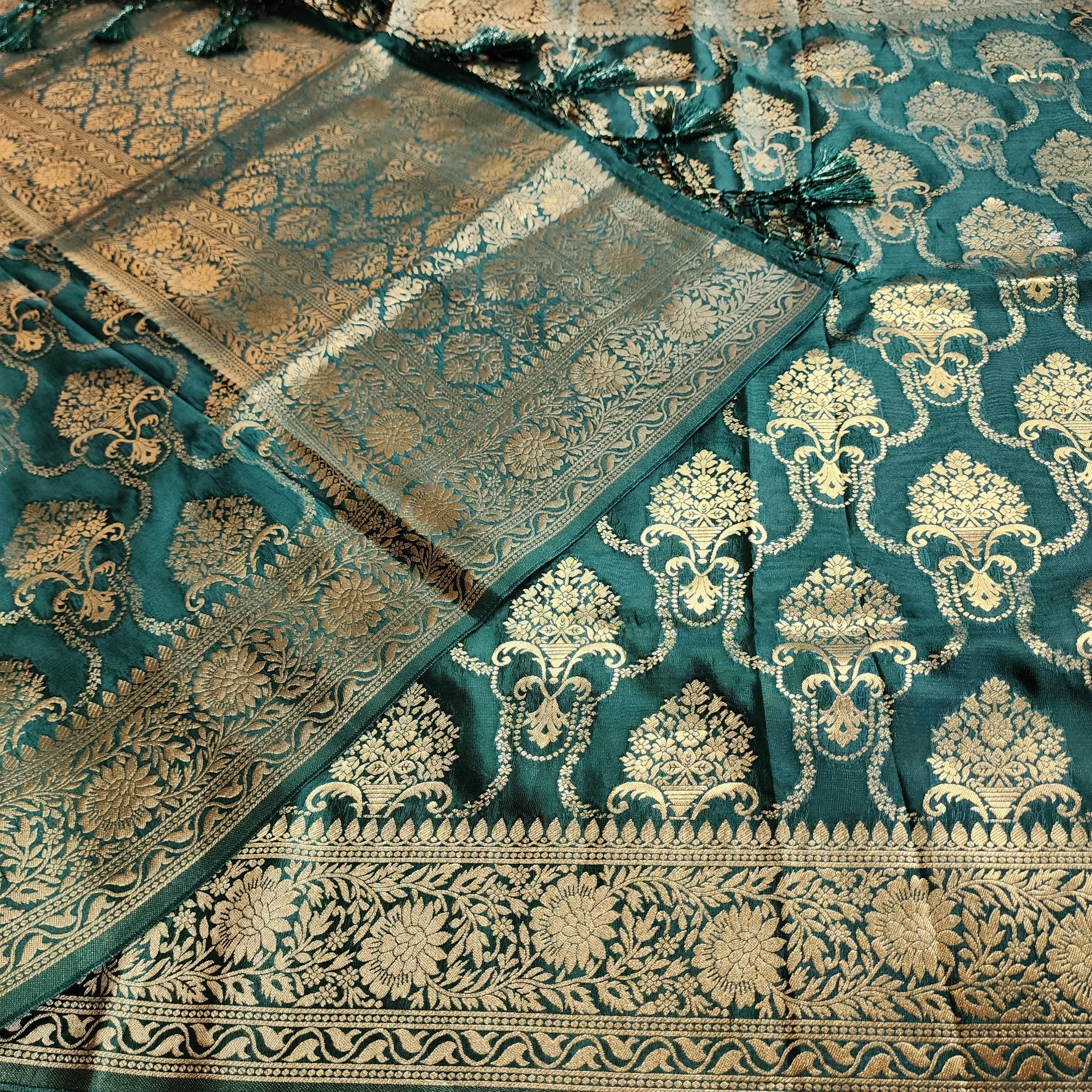 Banarasi Katan Silk Kadhuwa Jaal Dupatta in Bottle Green