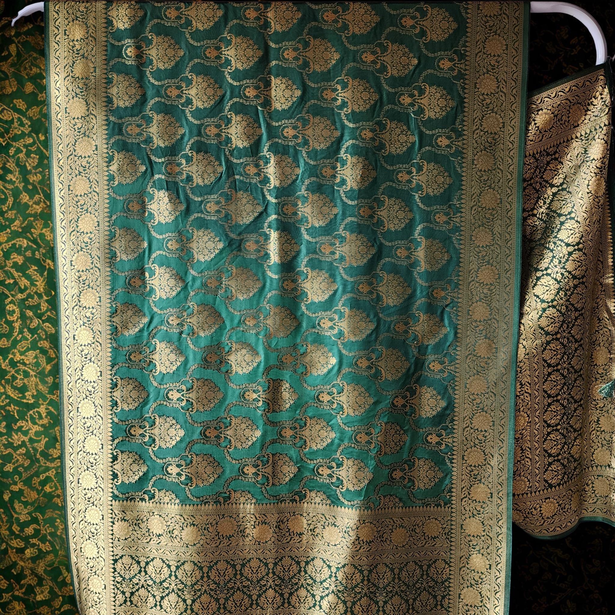 Banarasi Katan Silk Kadhuwa Jaal Dupatta in Bottle Green