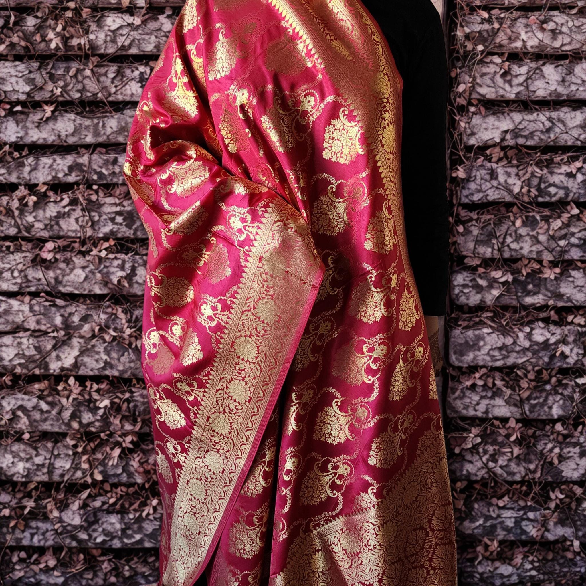 Banarasi Katan Silk Kadhuwa Jaal Dupatta in Rani Pink