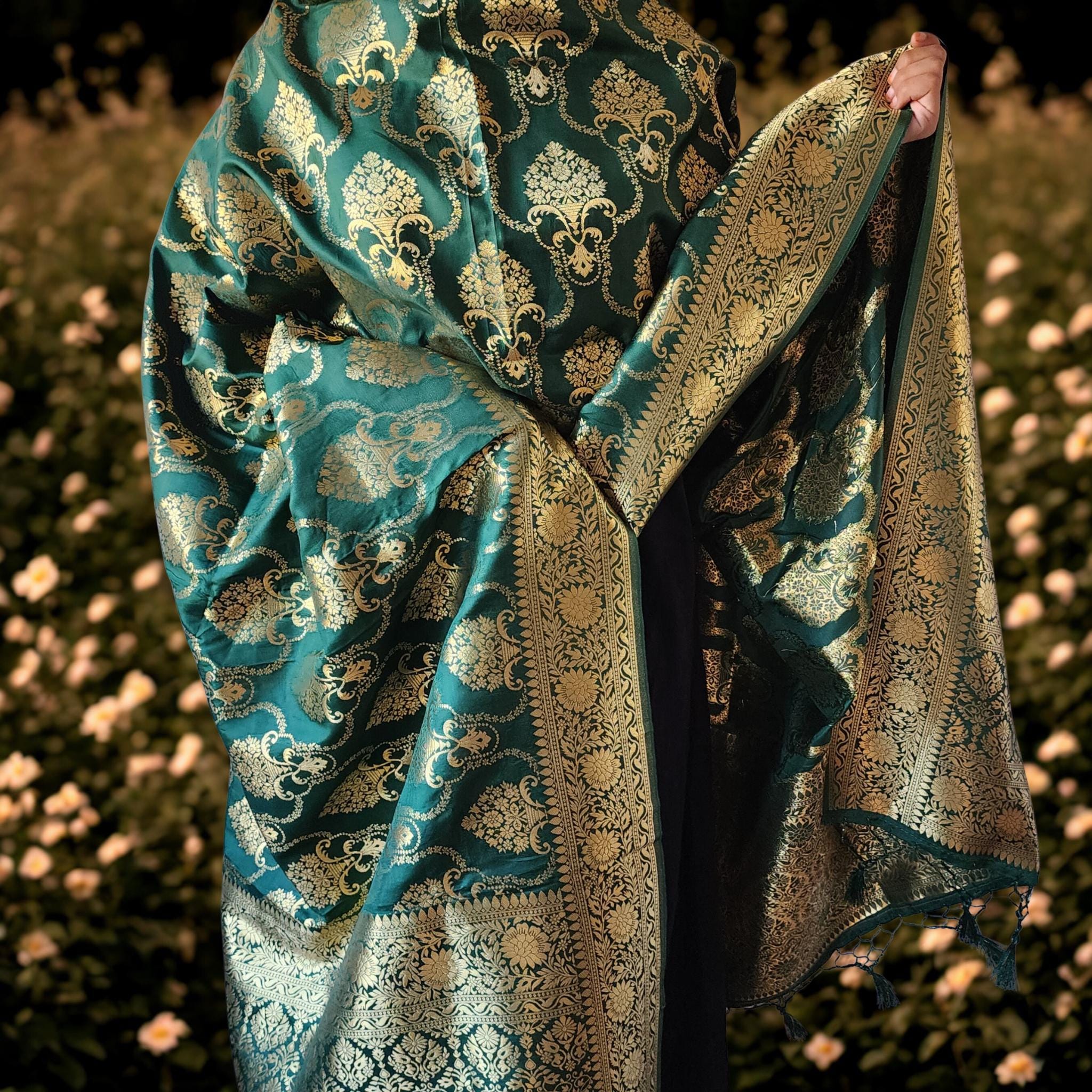 Banarasi Katan Silk Kadhuwa Jaal Dupatta in Bottle Green