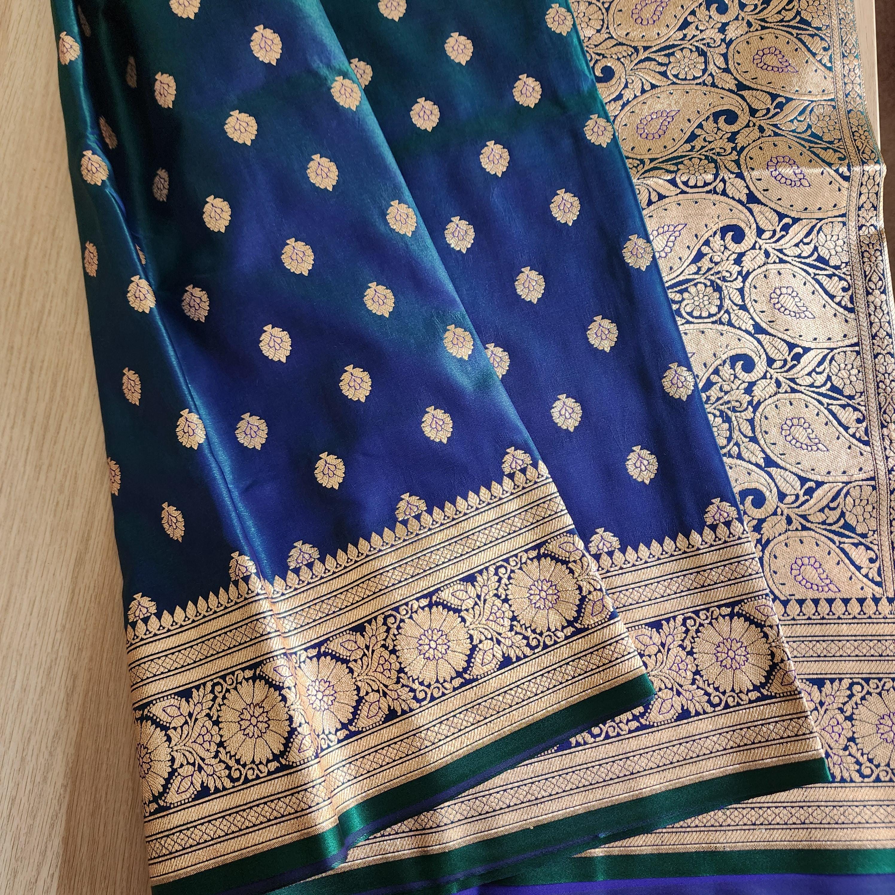 Royal Greenish-Blue Banarasi Silk Saree with Golden Zari Weave