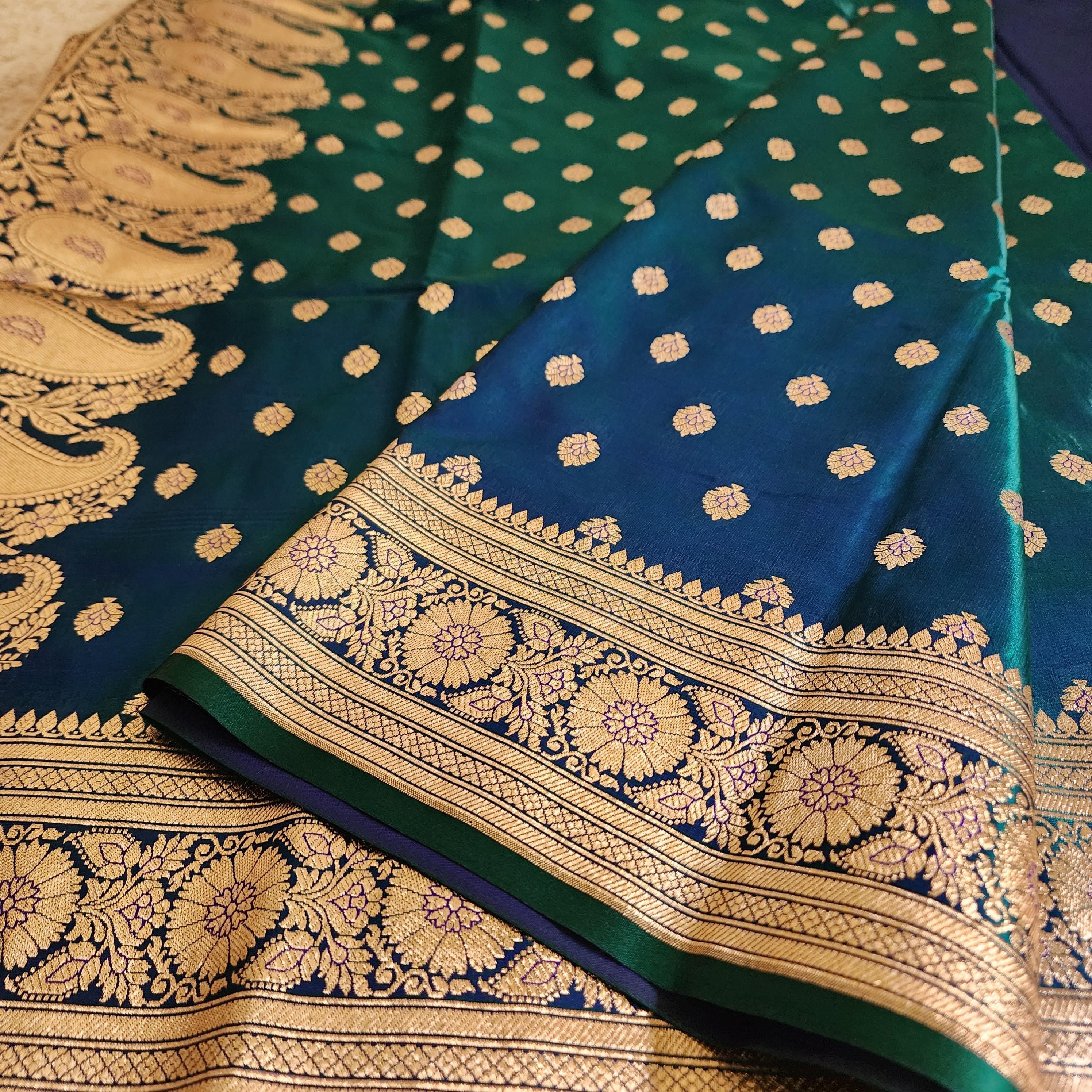 Royal Greenish-Blue Banarasi Silk Saree with Golden Zari Weave