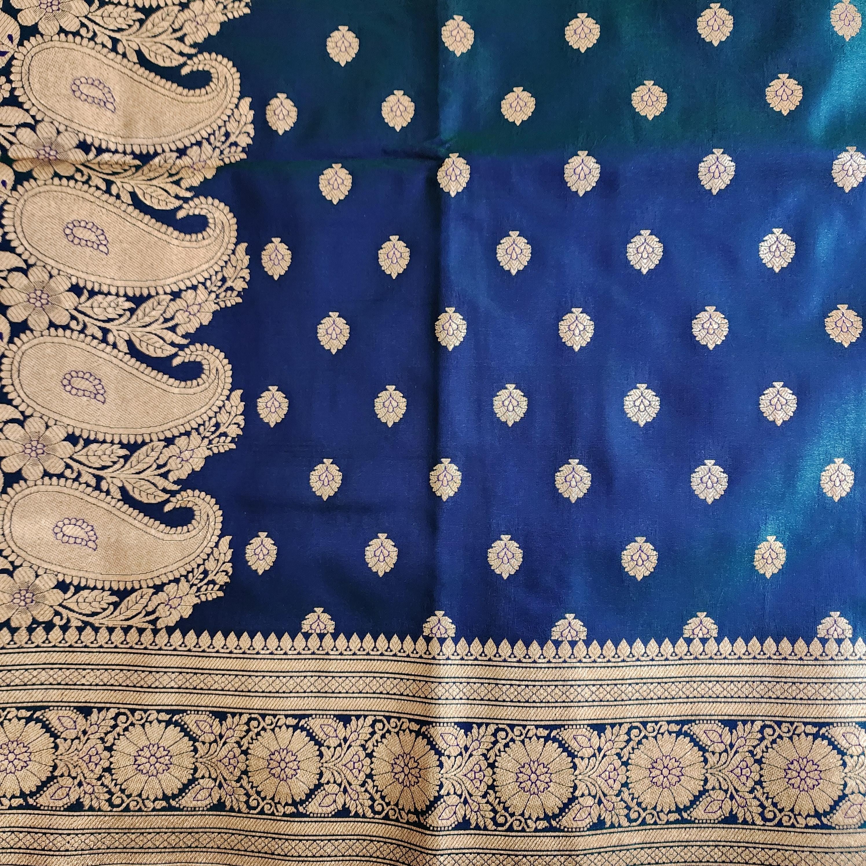 Royal Greenish-Blue Banarasi Silk Saree with Golden Zari Weave