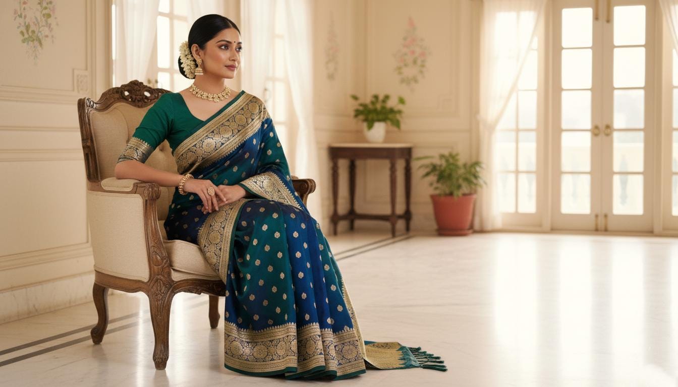 Royal Greenish-Blue Banarasi Silk Saree with Golden Zari Weave