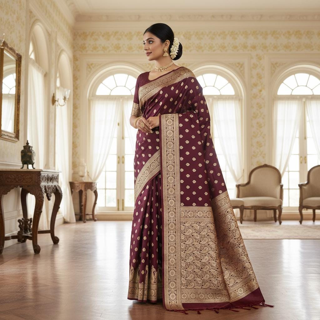 Royal Wine Maroon Banarasi Silk Saree with Golden Zari Weave