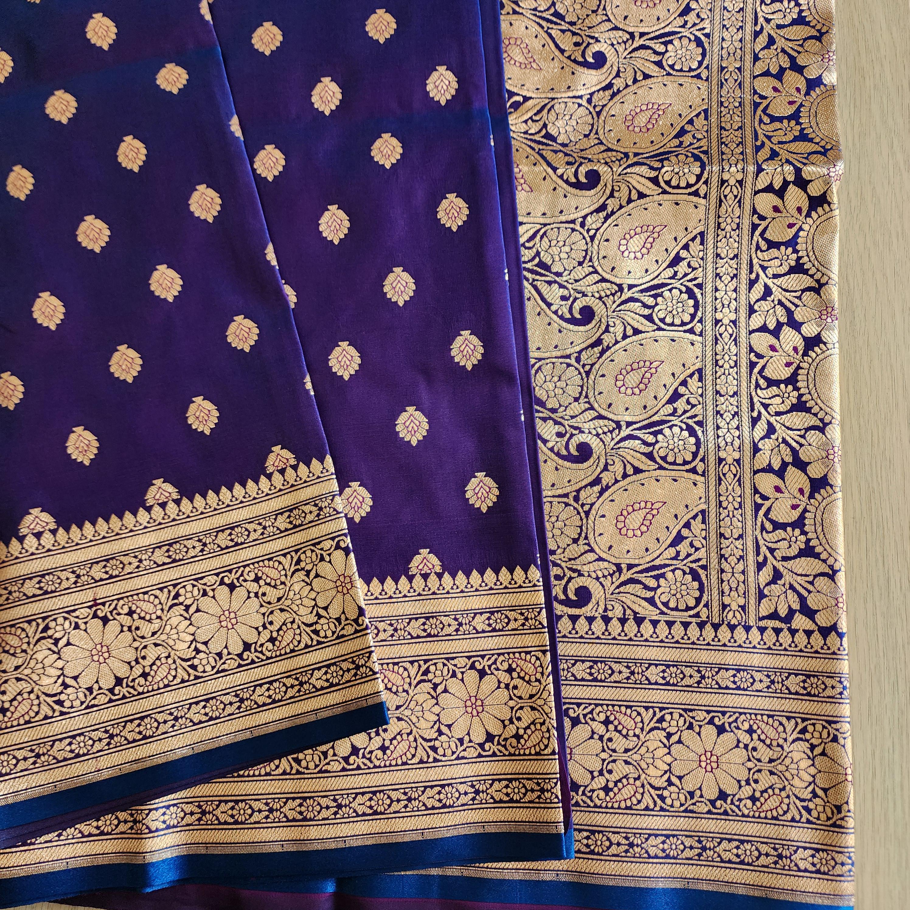 Royal Purple Blue Banarasi Silk Saree with Golden Zari Weave