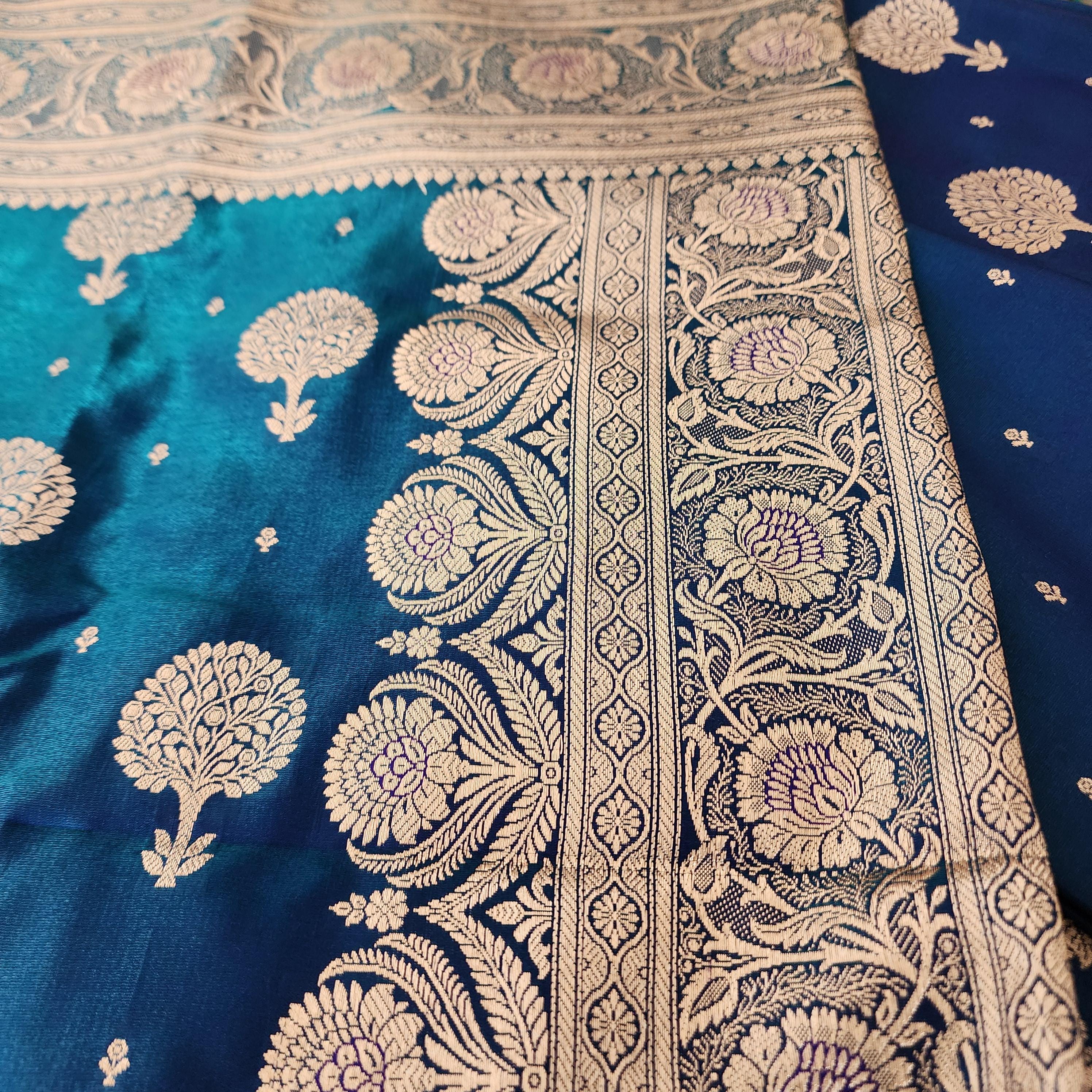 Deep Peacock Blue Pure Banarasi Katan Silk Saree with Rich Zari Weaving