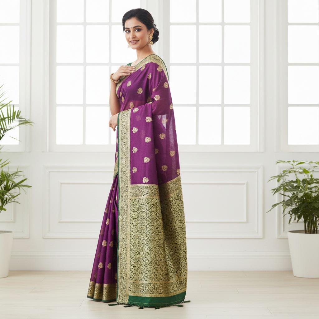 Graceful Purple-Green Dual-Tone Khaddi Georgette Banarasi Saree Light, Elegant, and Flowy