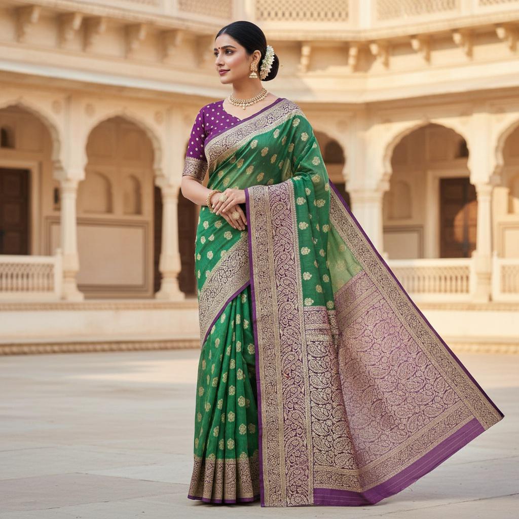 Green-Purple Dual Tone Khaddi Georgette Banarasi Saree