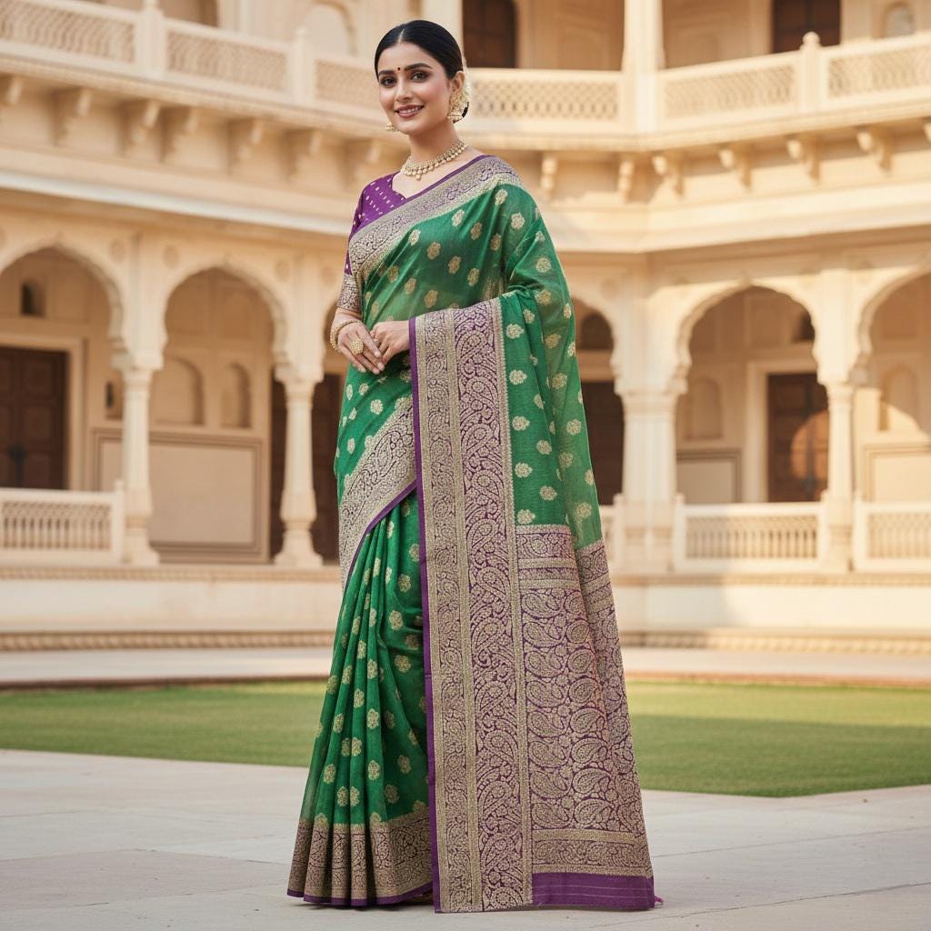 Radiant Dual-Tone Green & Purple Khaddi Georgette Banarasi Saree Light, Elegant, and Flowy