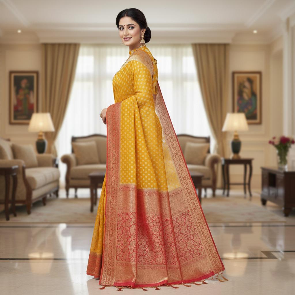 Elegant Yellow-Red Dual Tone Khaddi Georgette Banarasi Saree