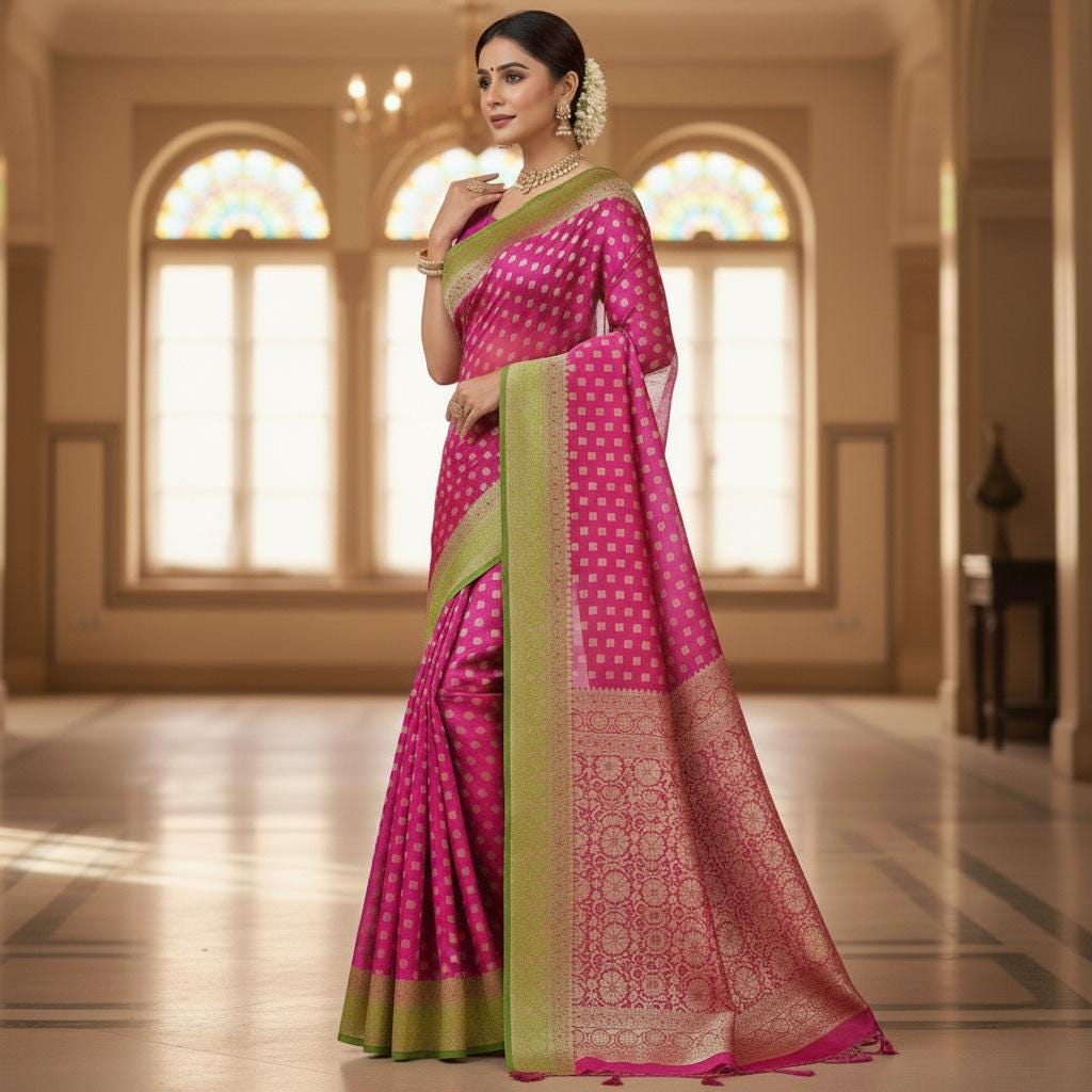 Alluring Pink-Green Khaddi Georgette Banarasi Saree Light, Elegant, and Flowy