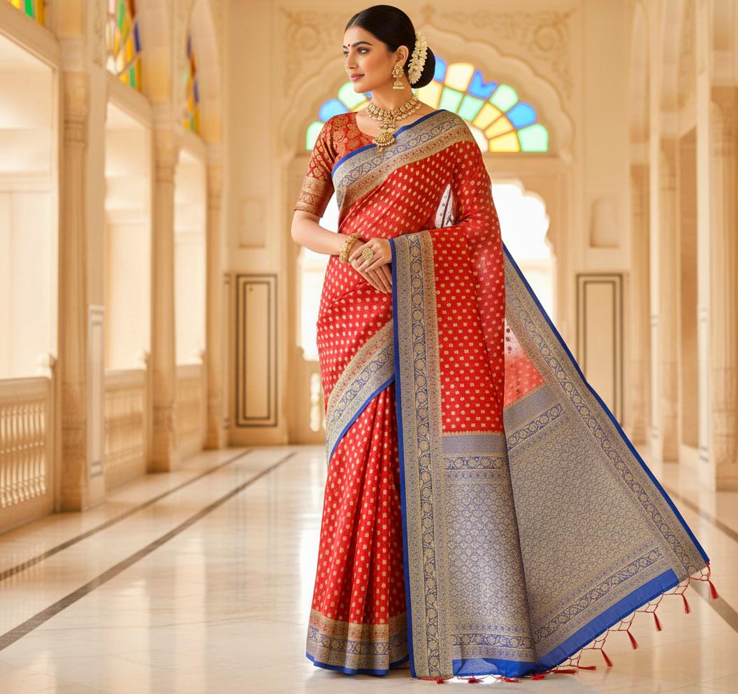 Elegant Red-Blue Dual Tone Khaddi Georgette Banarasi Saree