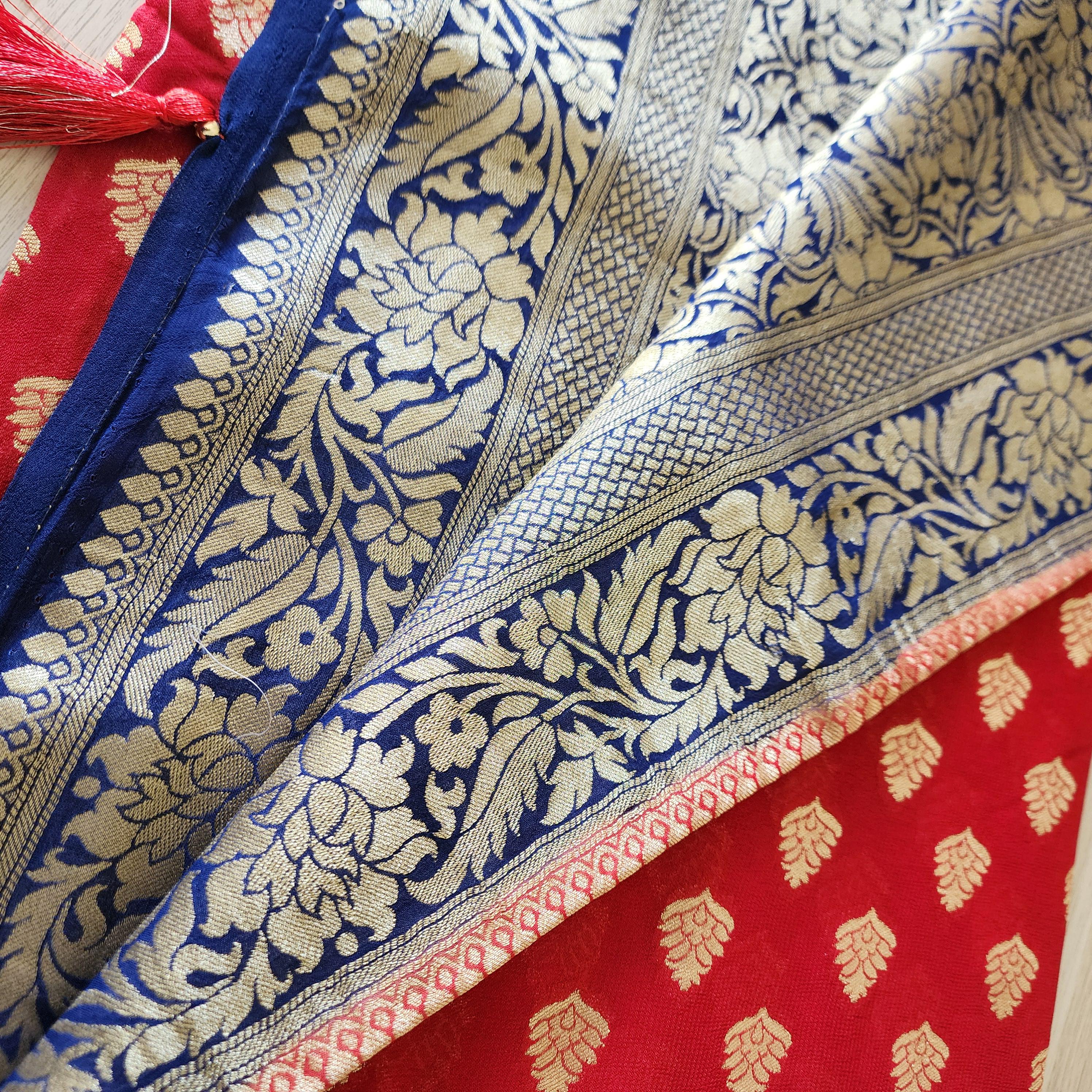 Maroon-Navy Blue Dual Tone Khaddi Georgette Banarasi Saree