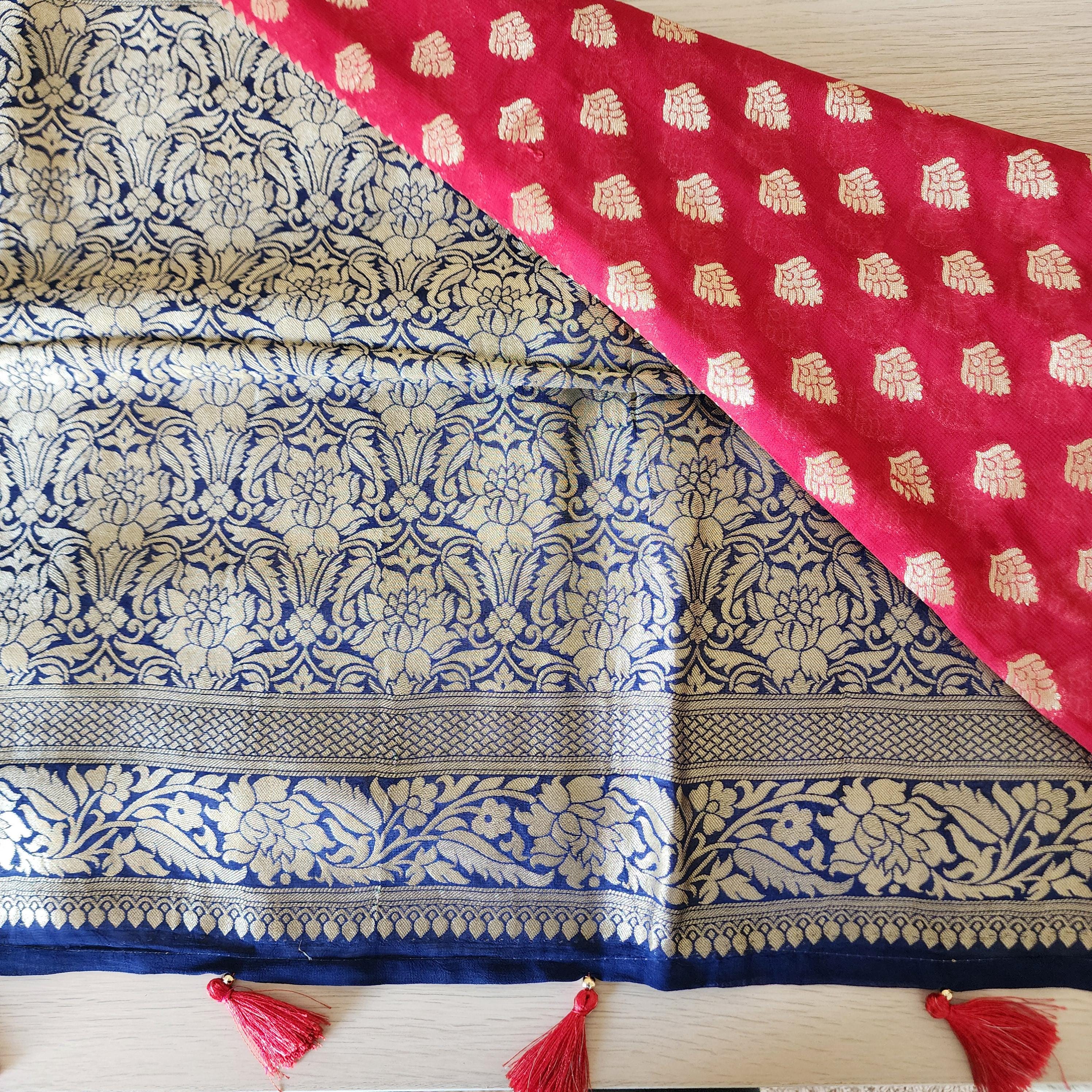 Delicate Dual-Tone Maroon Navy Blue Khaddi Georgette Banarasi Saree Light, Elegant, and Flowy