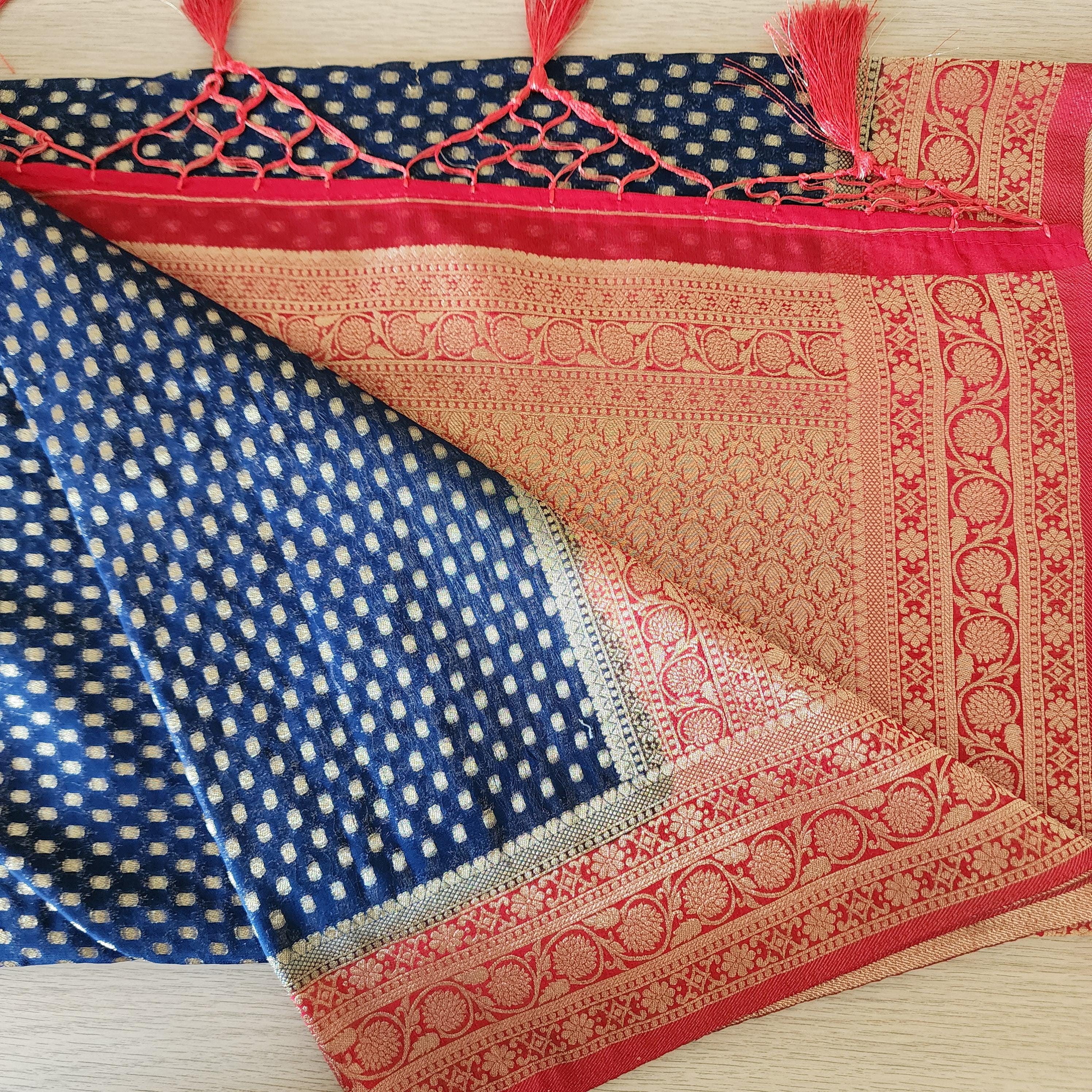 Dazzling Navy Blue & Red Khaddi Georgette Banarasi Saree Light, Elegant, and Flowy