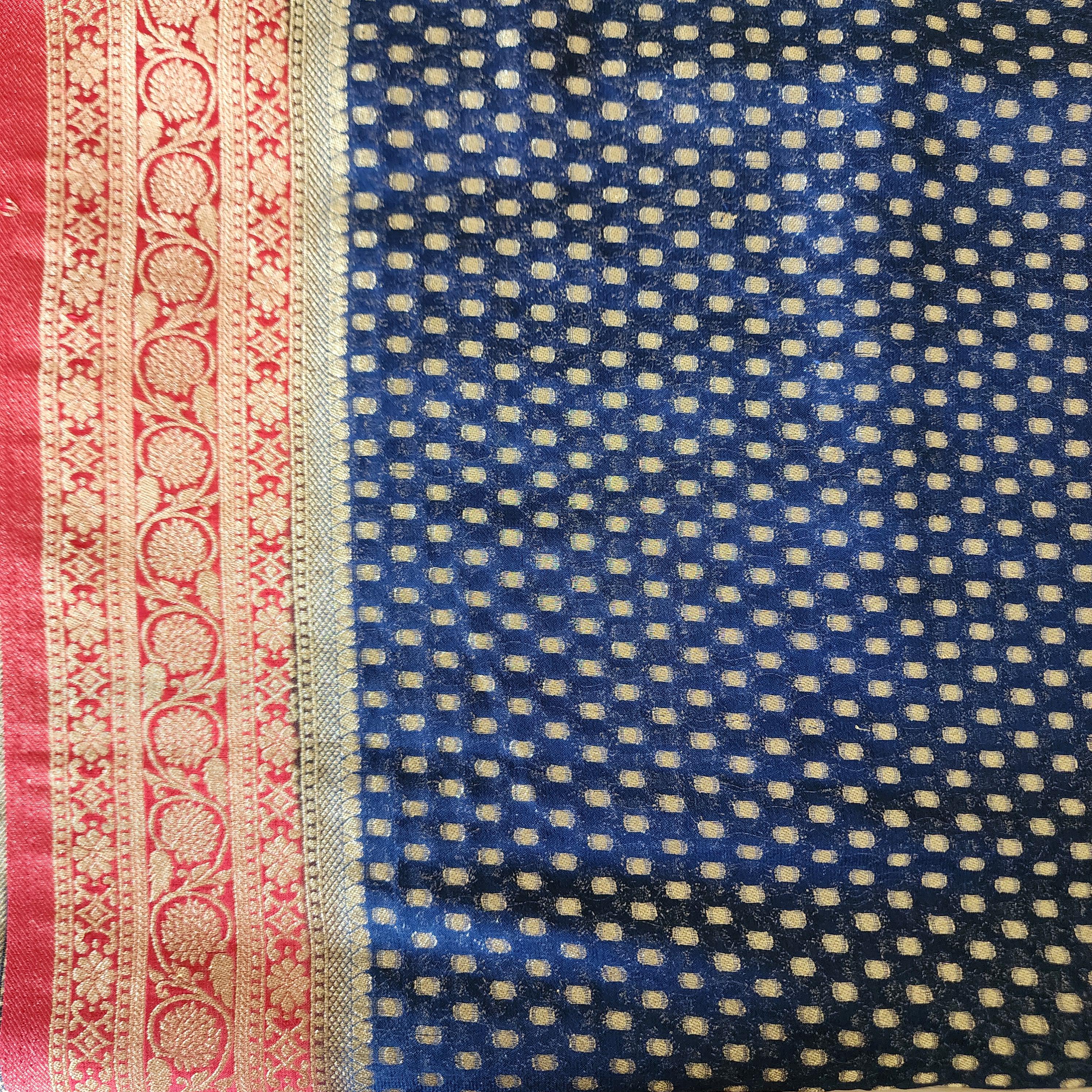 Dazzling Navy Blue & Red Khaddi Georgette Banarasi Saree Light, Elegant, and Flowy