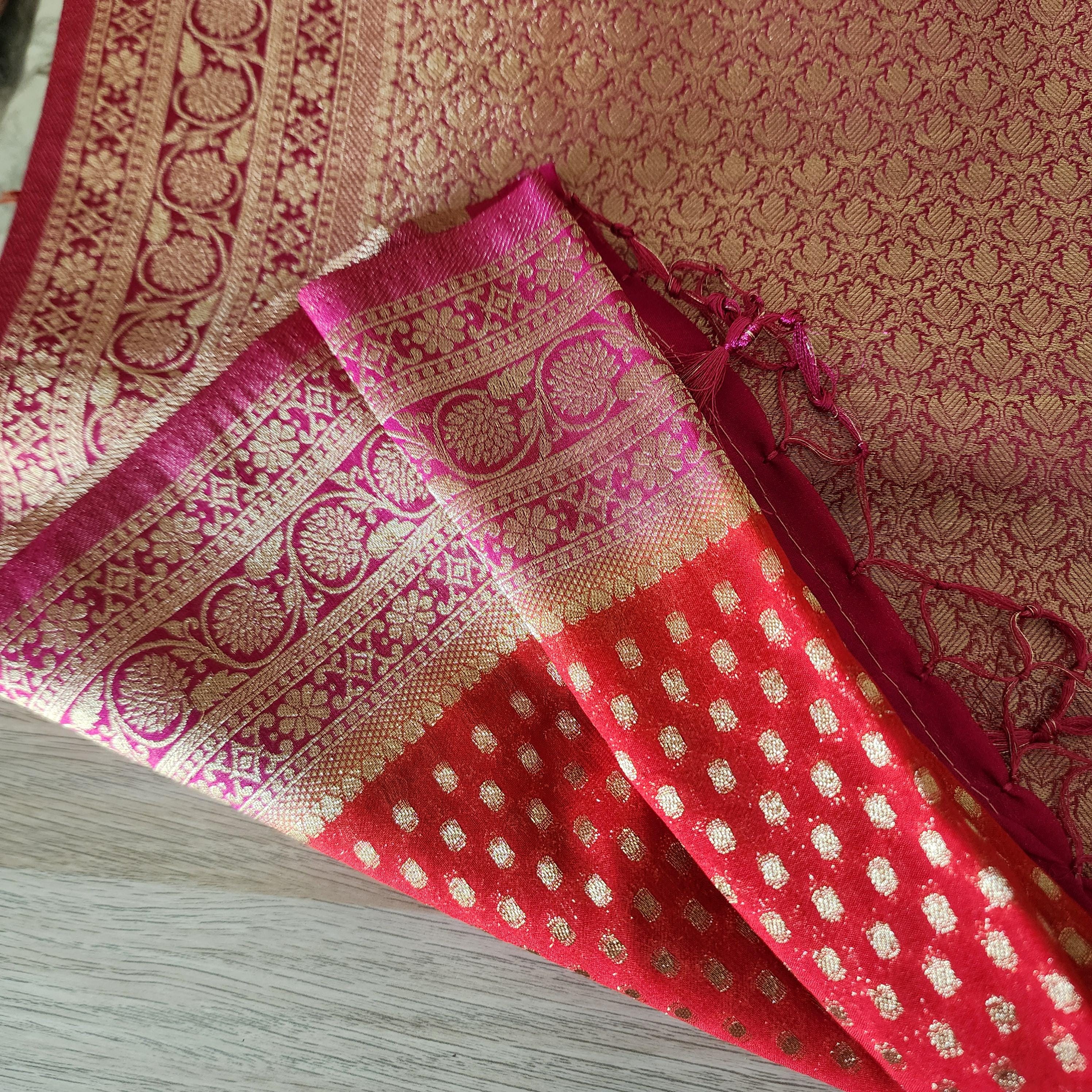 Delicate Dual-Tone Red & Pink Khaddi Georgette Banarasi Saree Light, Elegant, and Flowy
