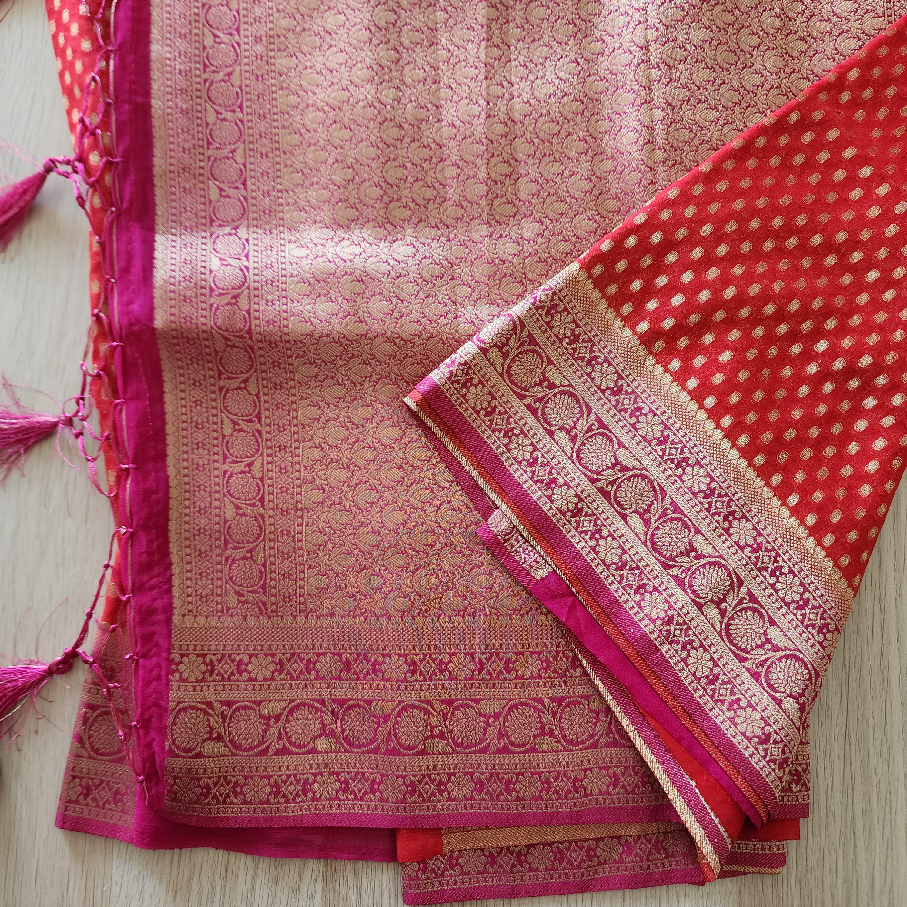 Delicate Dual-Tone Red & Pink Khaddi Georgette Banarasi Saree Light, Elegant, and Flowy