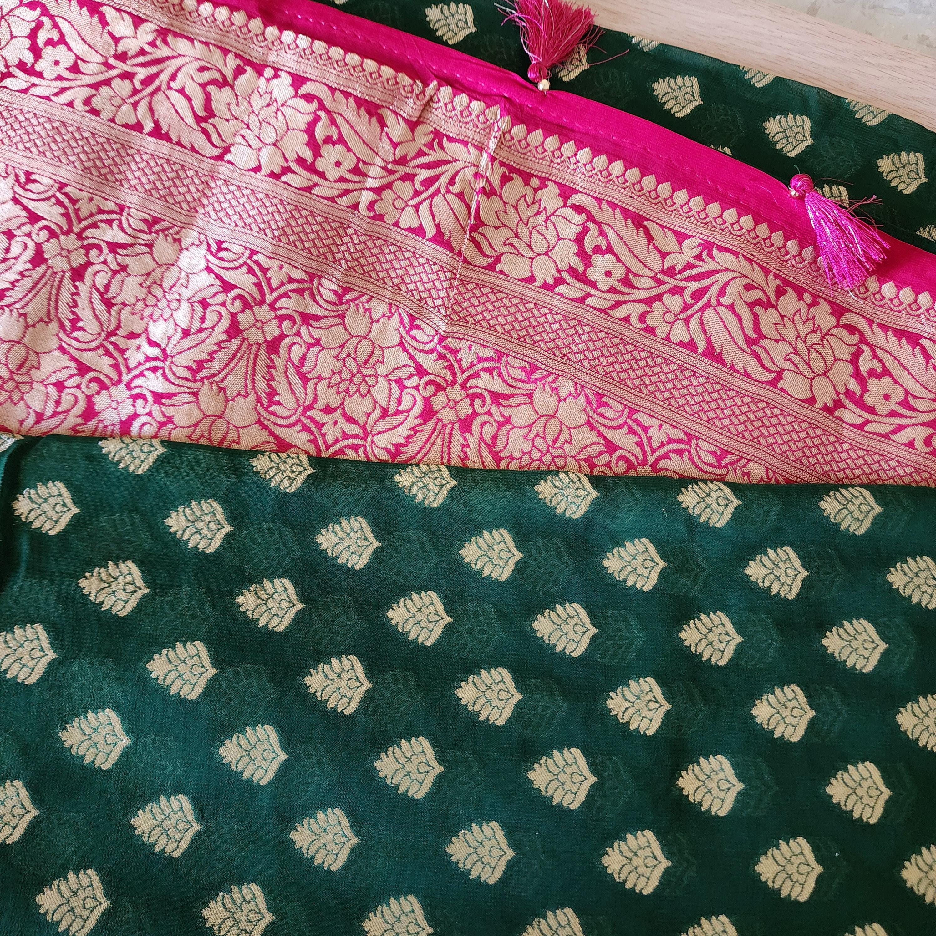 Enchanting Dual-Tone Green & Pink Khaddi Georgette Banarasi Saree Soft, Elegant And Regal