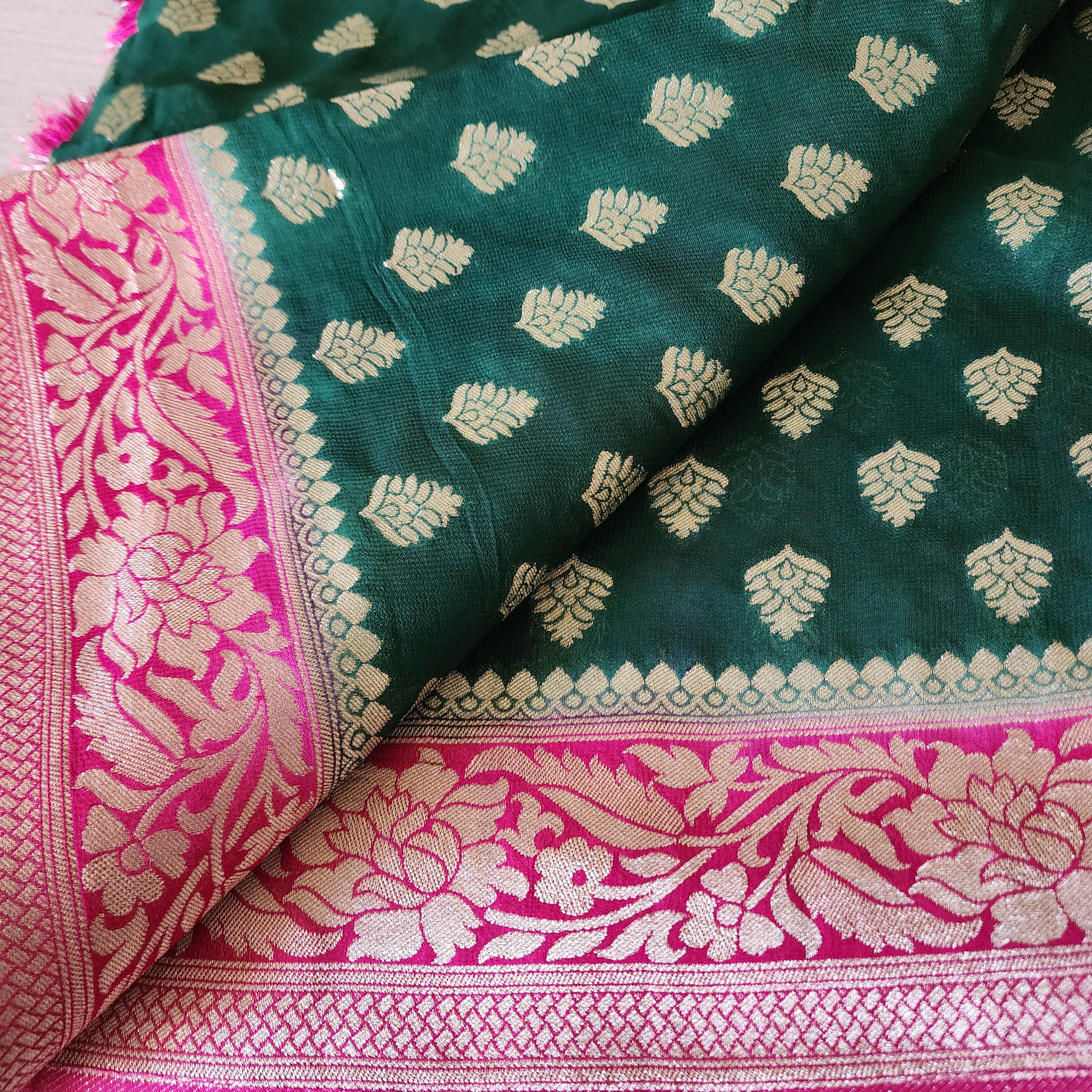Enchanting Dual-Tone Green & Pink Khaddi Georgette Banarasi Saree Soft, Elegant And Regal