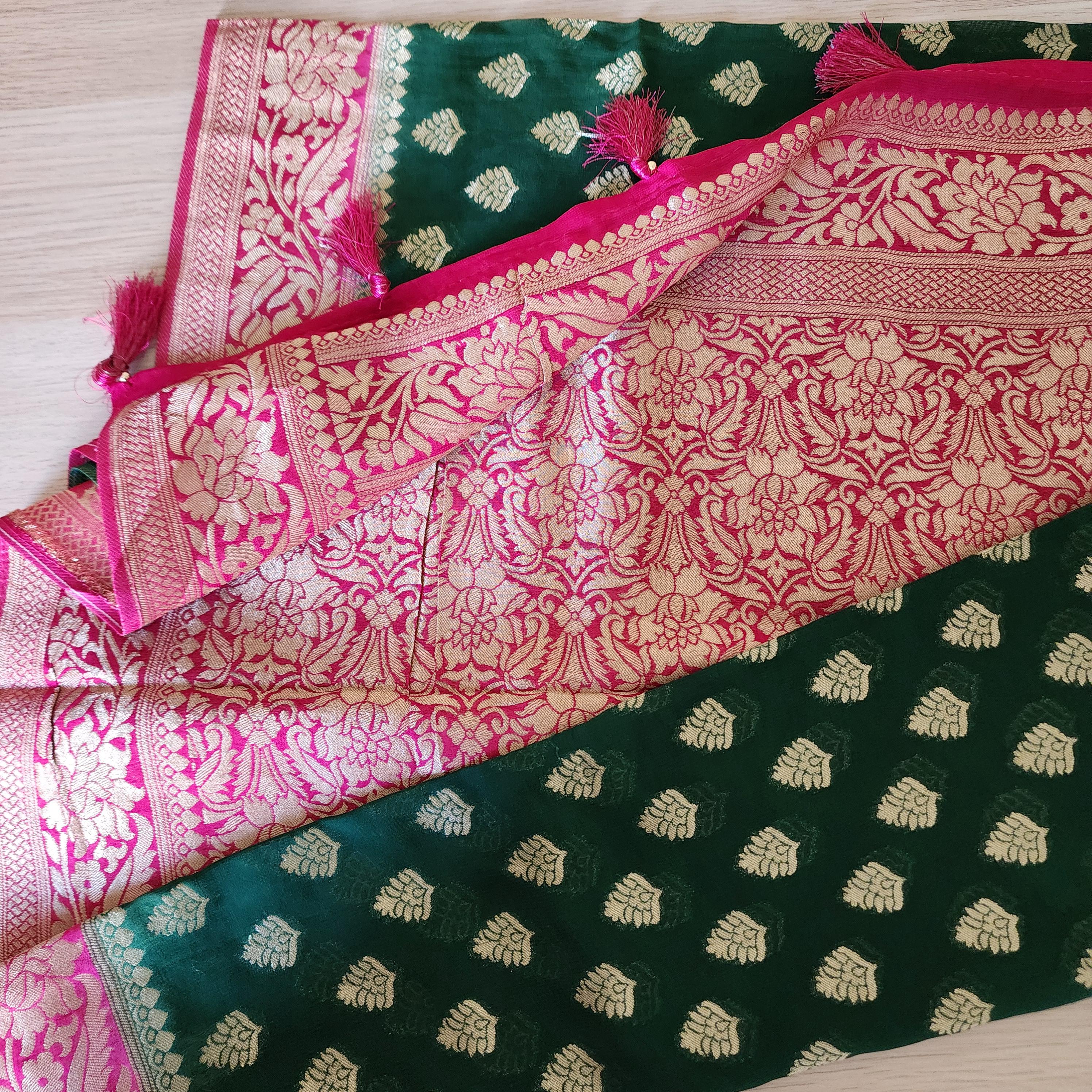 Enchanting Dual-Tone Green & Pink Khaddi Georgette Banarasi Saree Soft, Elegant And Regal