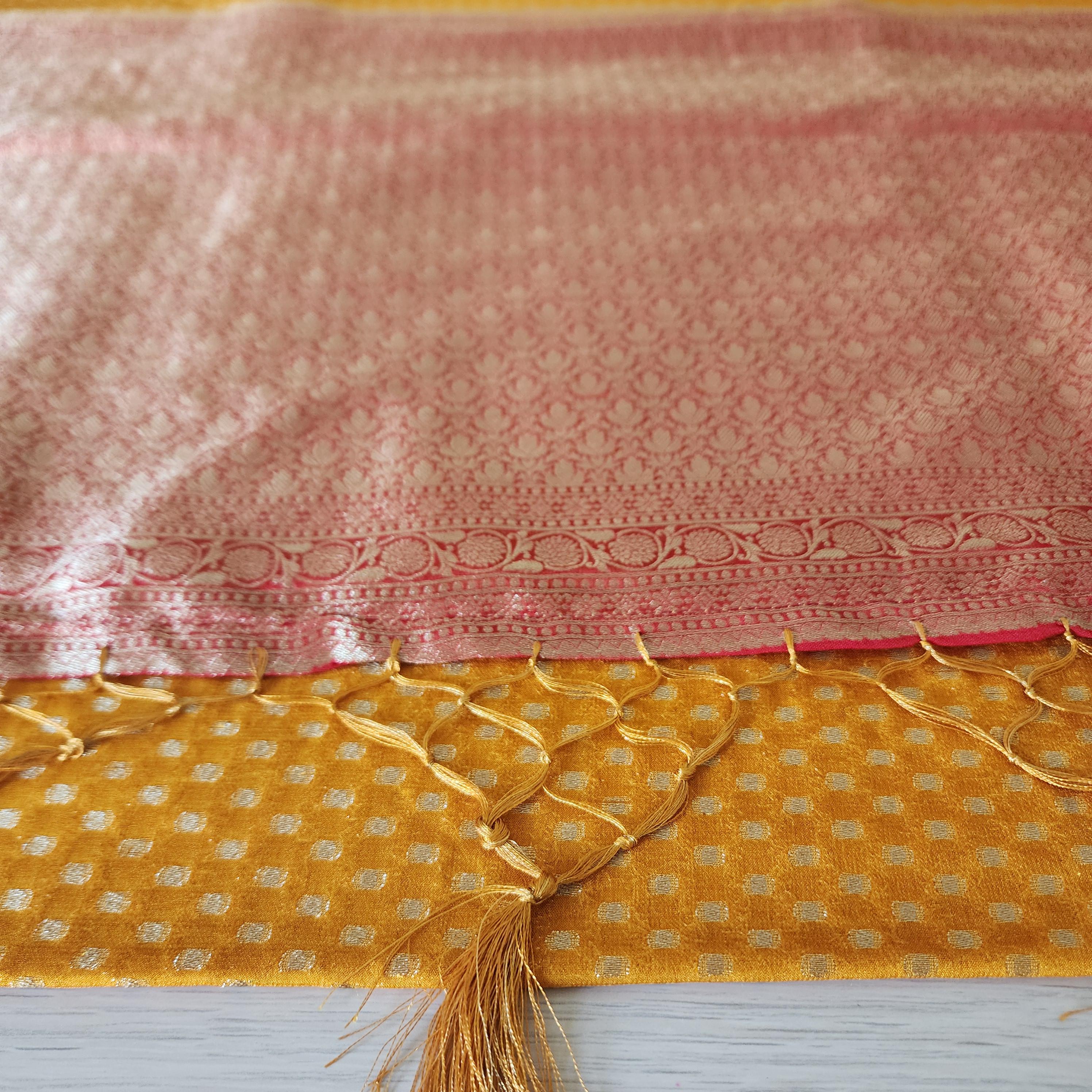Elegant Yellow-Red Dual Tone Khaddi Georgette Banarasi Saree