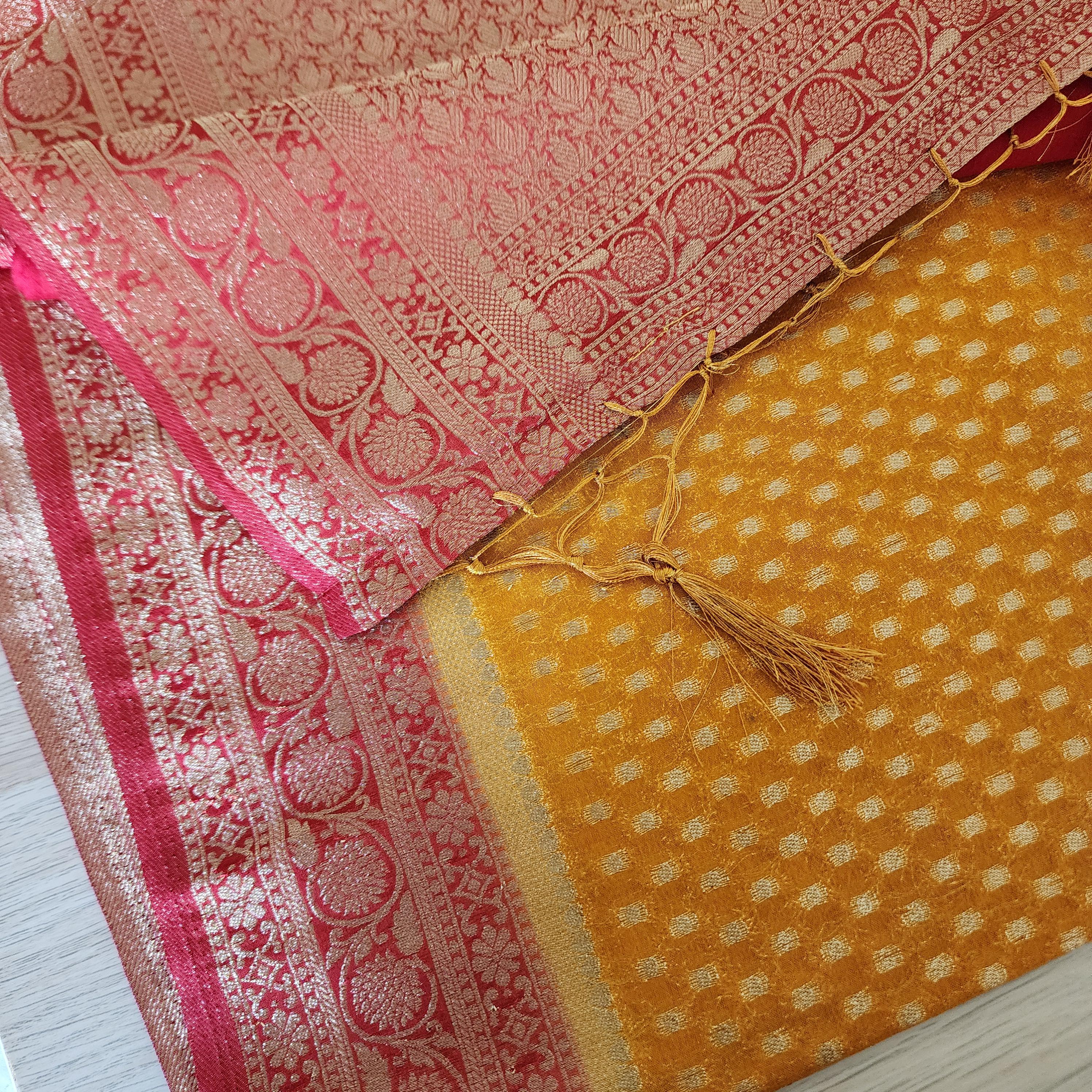 Elegant Yellow-Red Dual Tone Khaddi Georgette Banarasi Saree