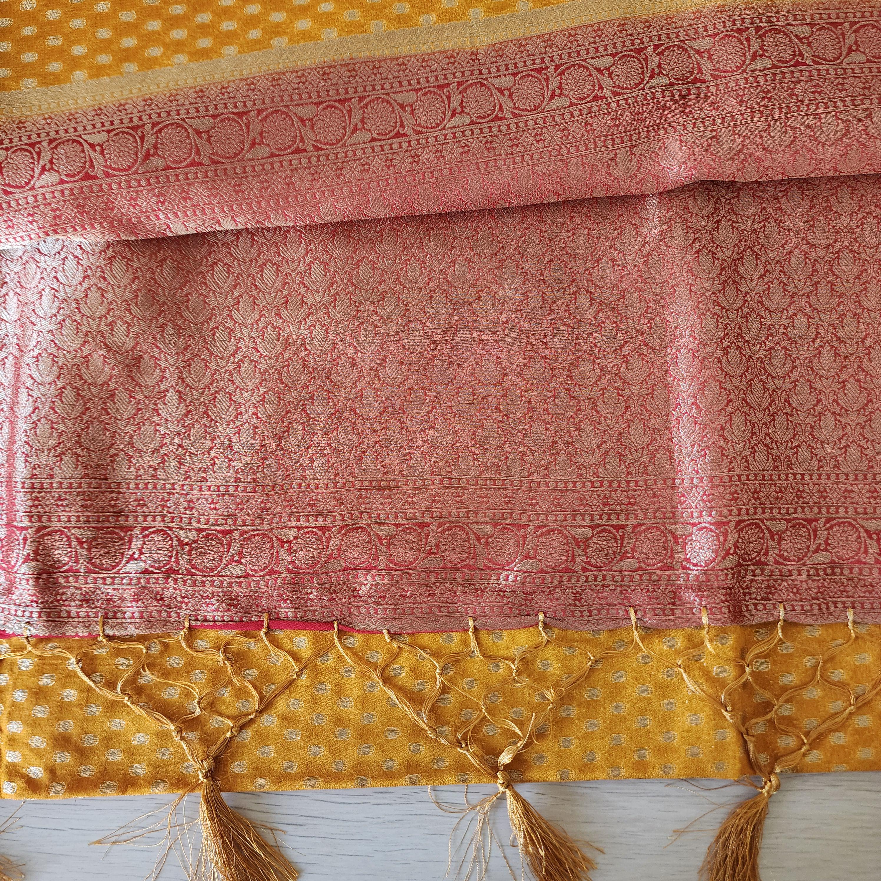 Elegant Yellow-Red Dual Tone Khaddi Georgette Banarasi Saree