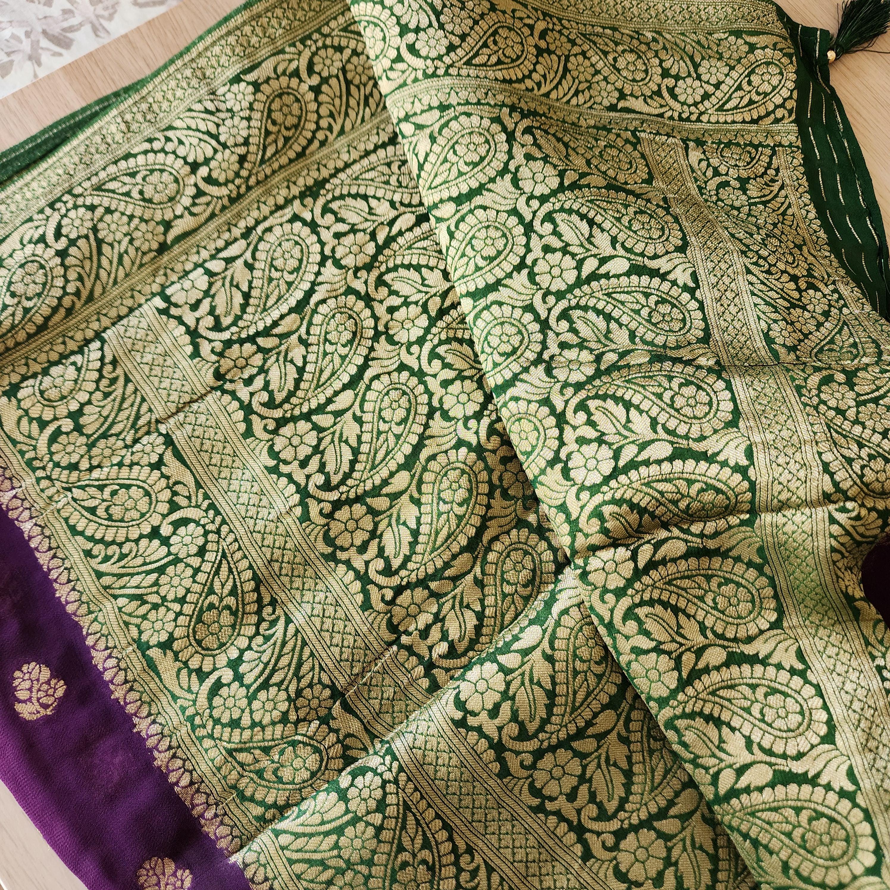 Graceful Purple-Green Dual-Tone Khaddi Georgette Banarasi Saree Light, Elegant, and Flowy