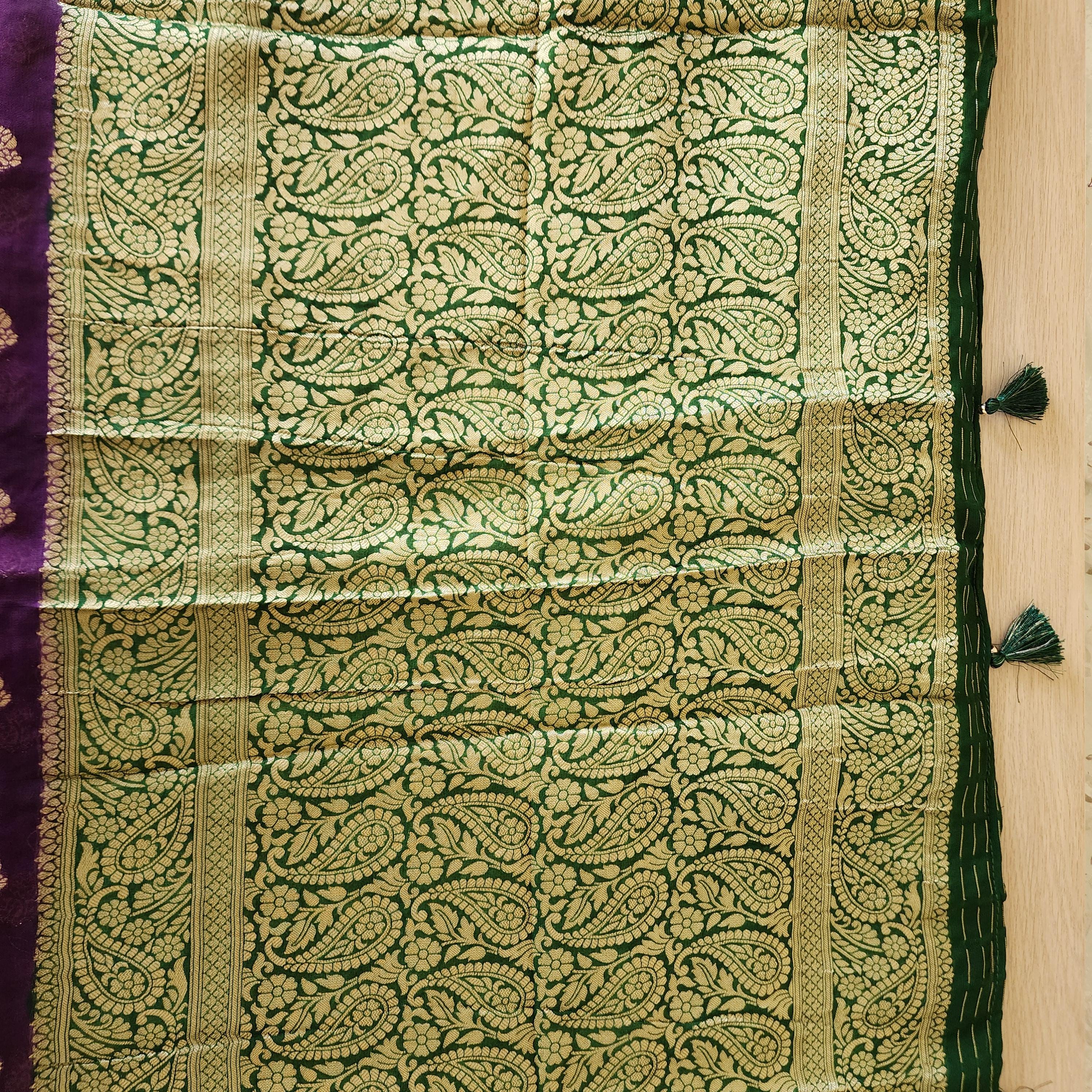 Graceful Purple-Green Dual-Tone Khaddi Georgette Banarasi Saree Light, Elegant, and Flowy