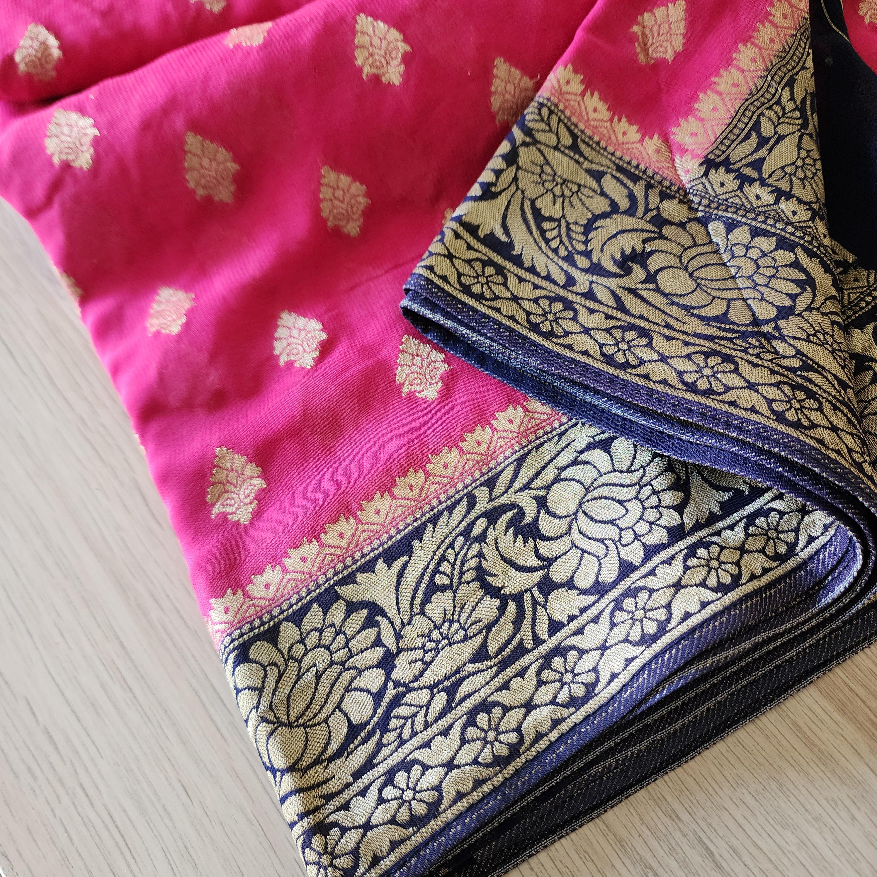 Luxury Pink And Navy Blue Dual-Tone Khaddi Georgette Banarasi Saree Light, Elegant, and Flowy